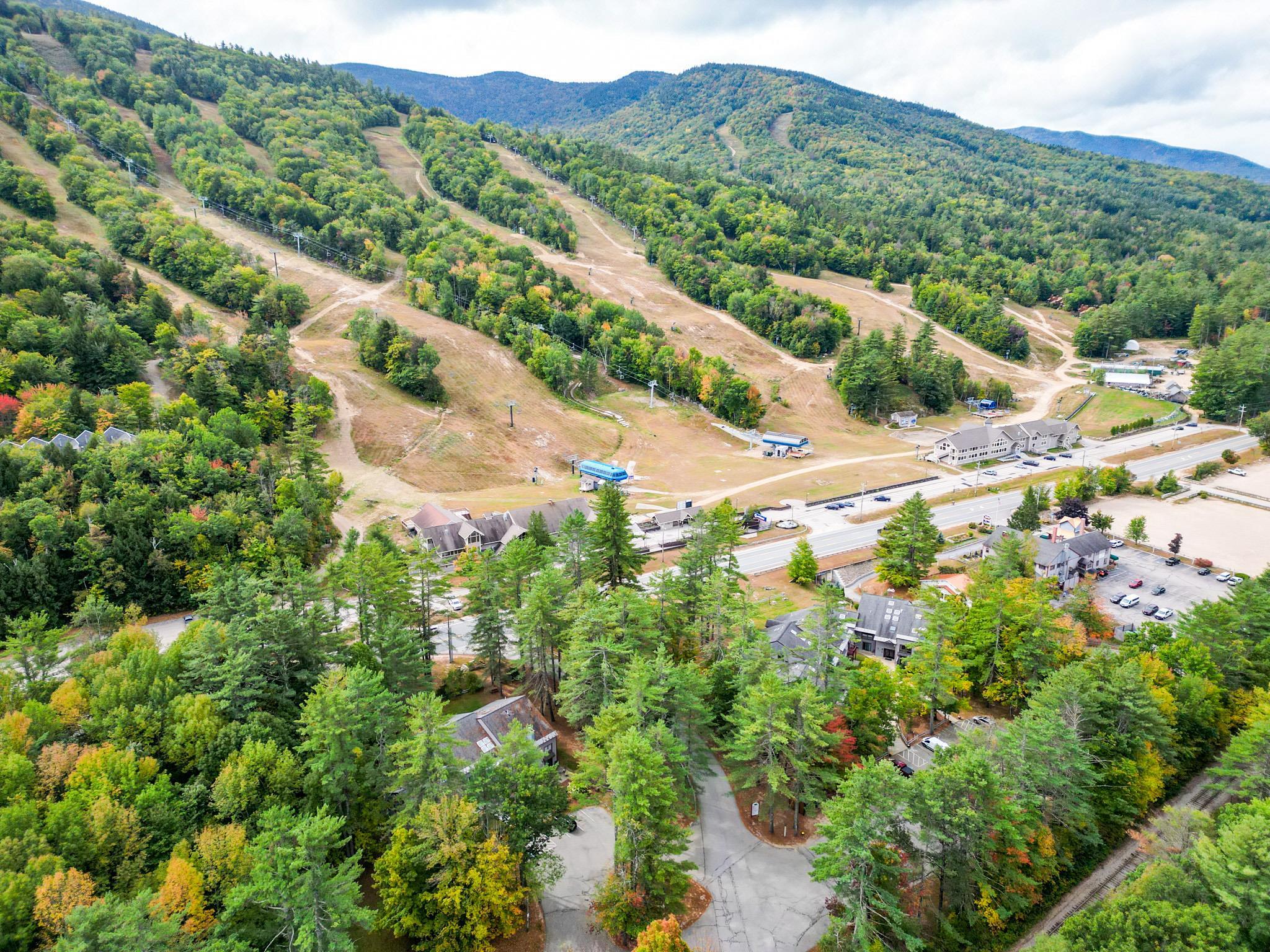 Aerial view of ski trails and resort buildings among forested mountain slopes.