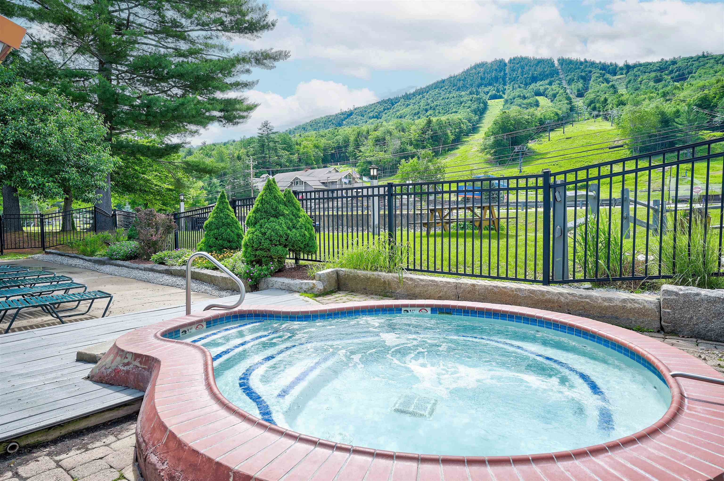 Outdoor pool beside a deck, with forested mountain ski trails in the background.