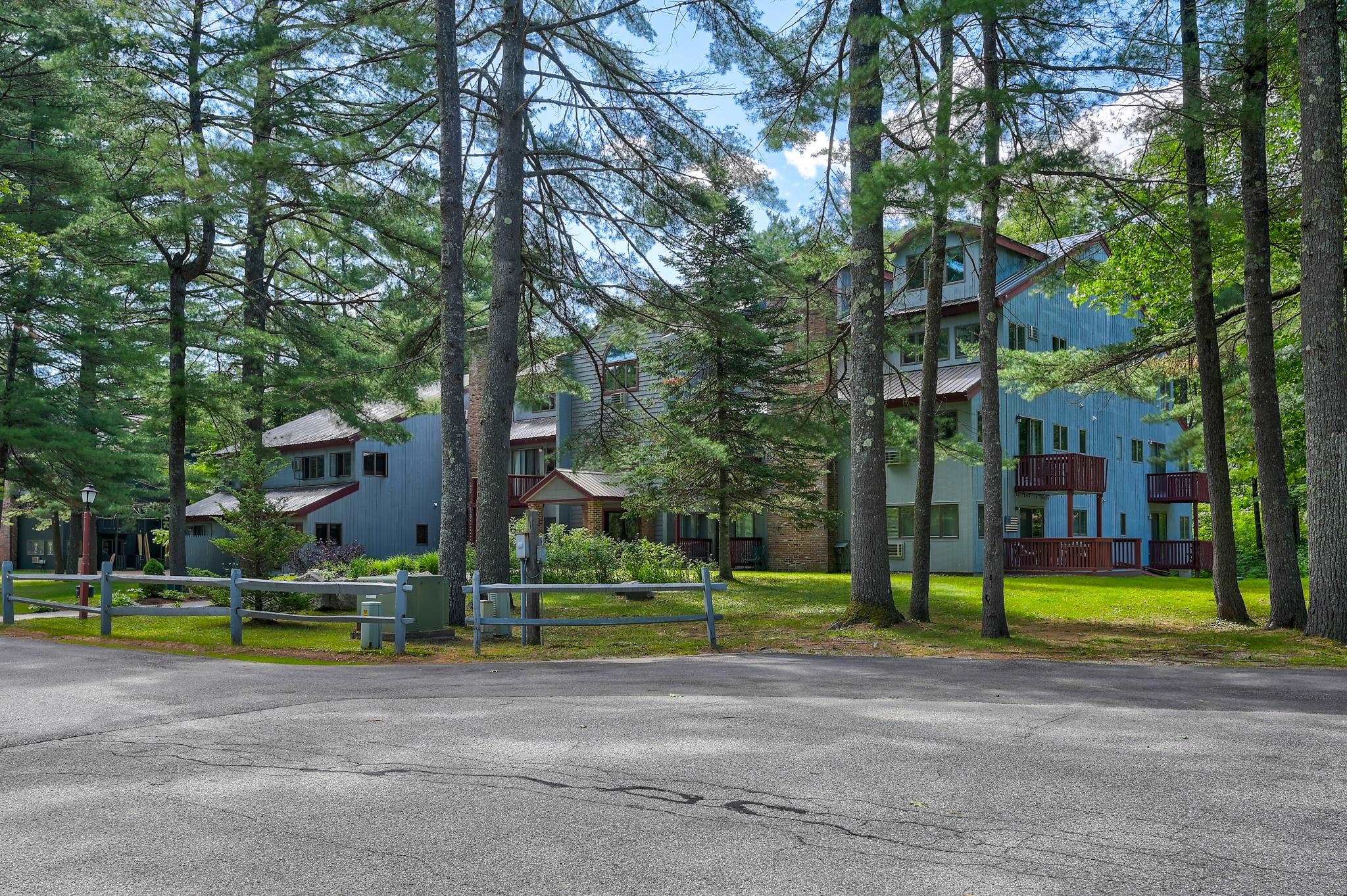 Blue multi-unit building with red-brown balconies among tall pine trees.