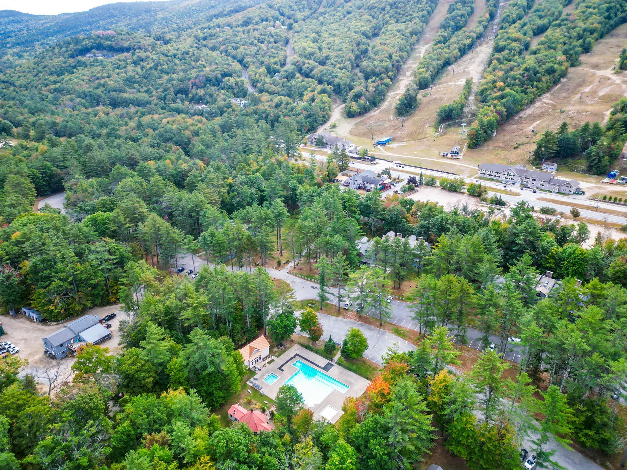 Aerial view of a wooded resort with a pool and ski slopes nearby.