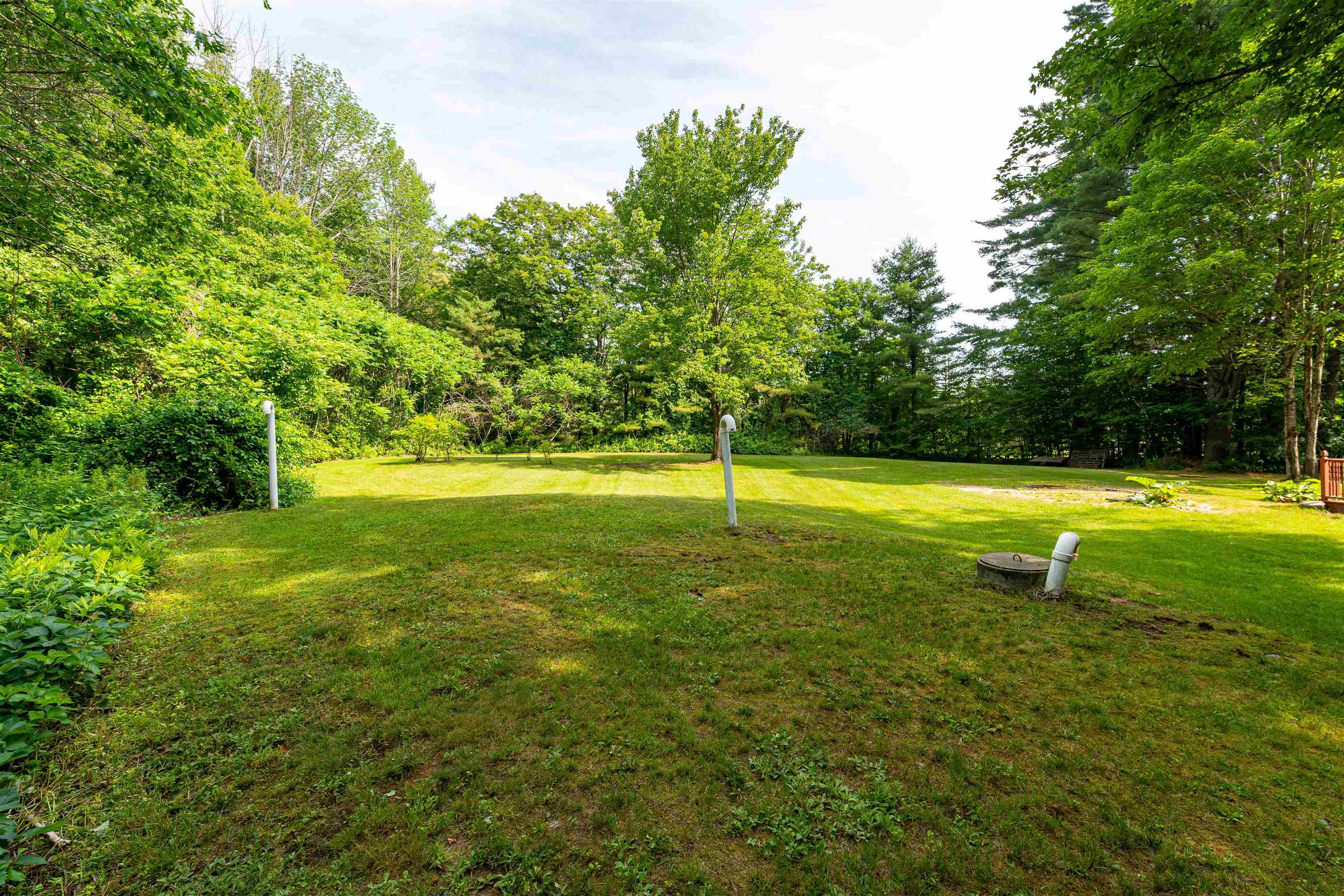 Grassy yard bordered by trees, with white utility pipes and a round ground cover.