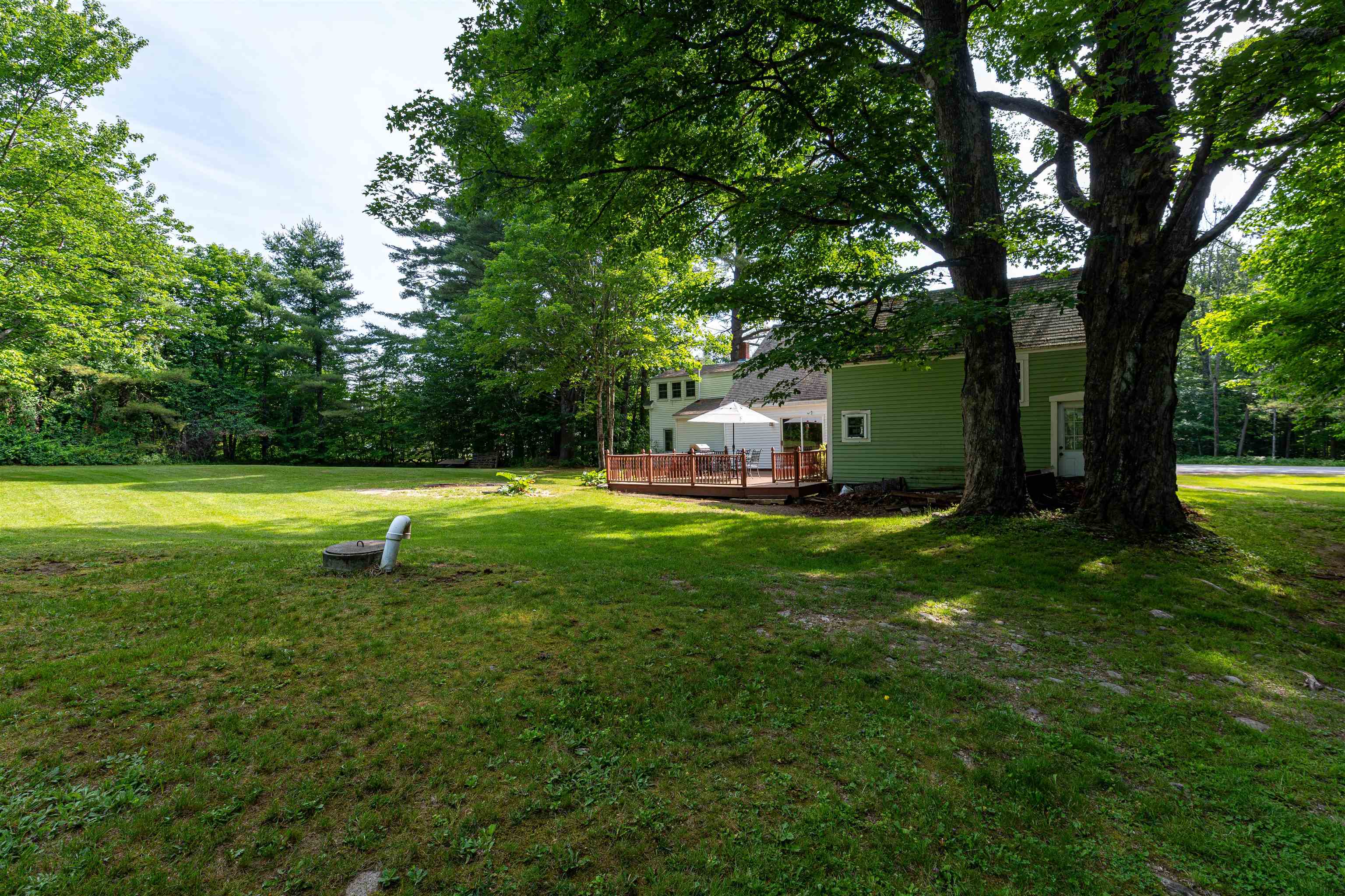 Green house with a deck and white patio umbrella beyond a broad, tree-shaded lawn.