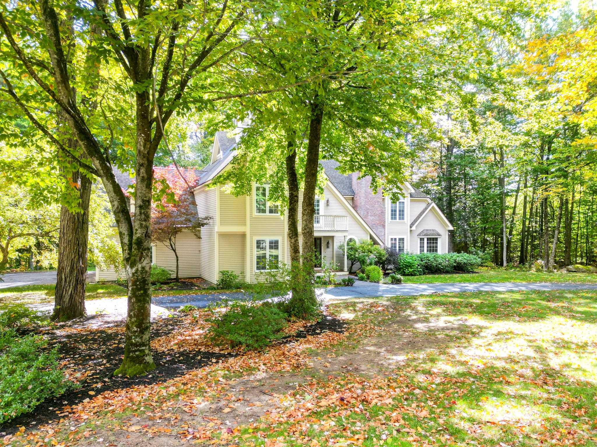 Multi-story light-sided home partly screened by mature trees, with a landscaped lawn and driveway.