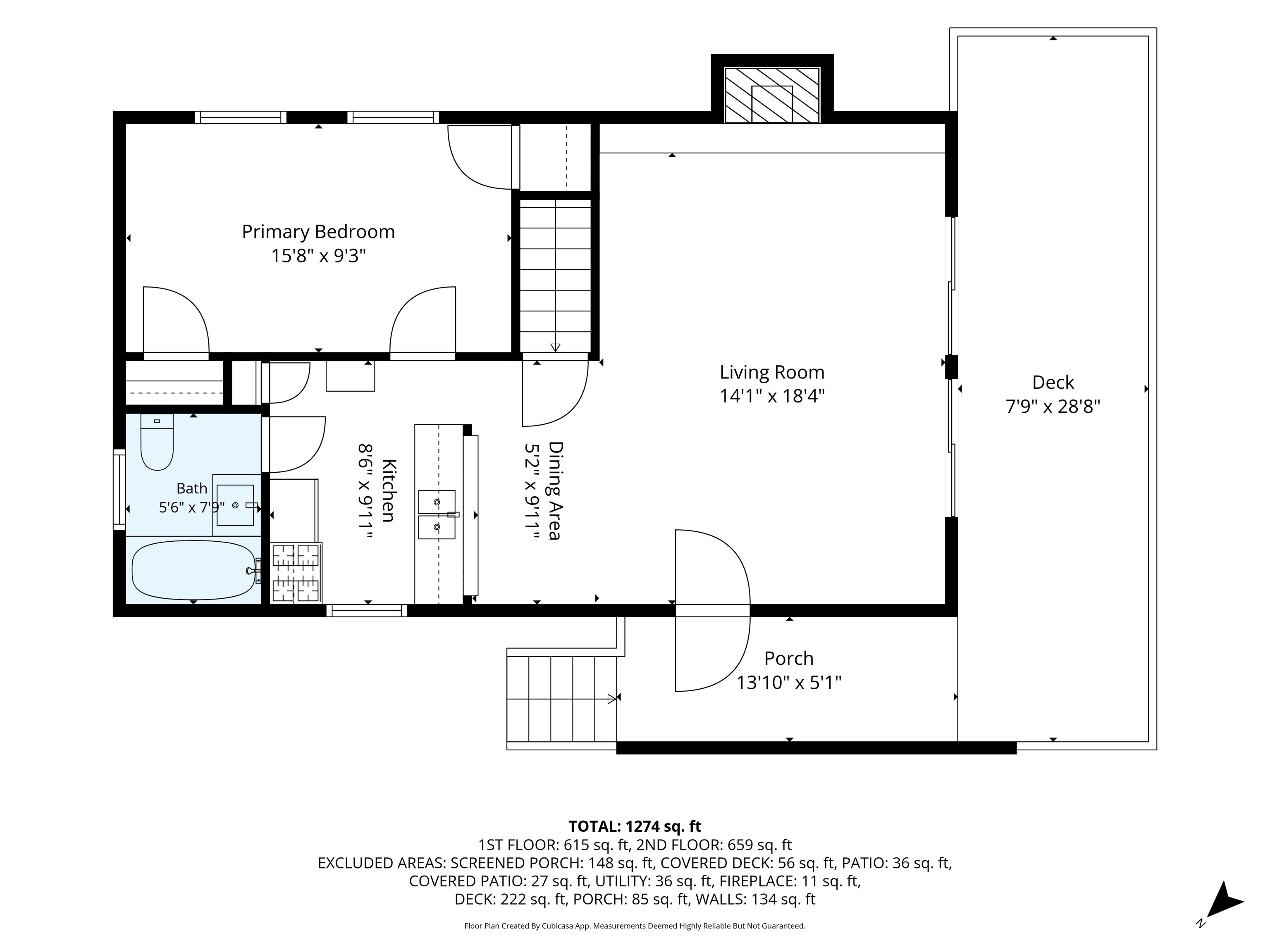 Floor plan showing a primary bedroom, kitchen, living room, porch, and deck.