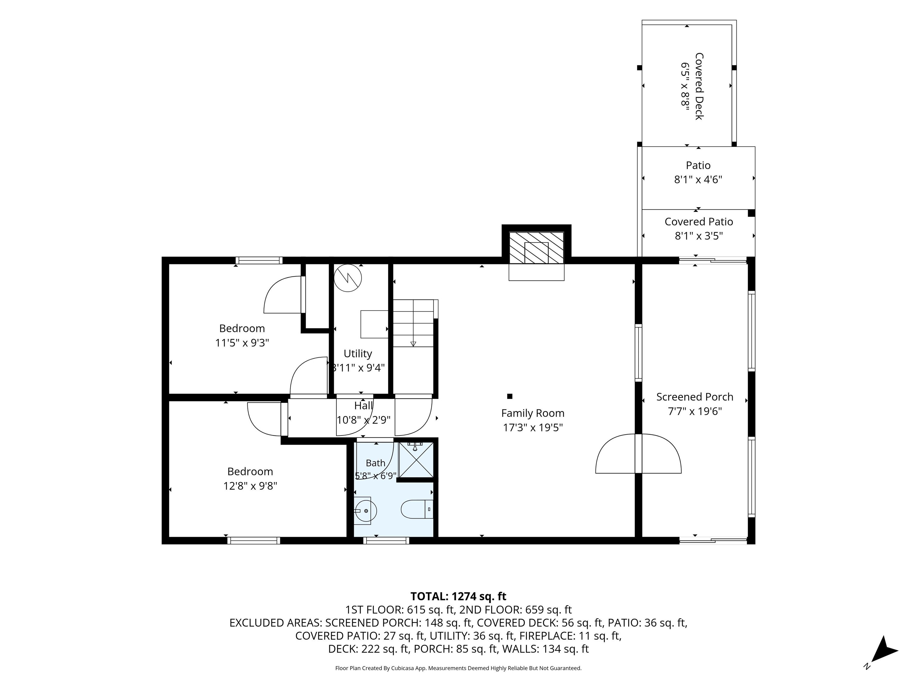 Floor plan with two bedrooms, a family room, bath, utility room, screened porch, deck, and patio.