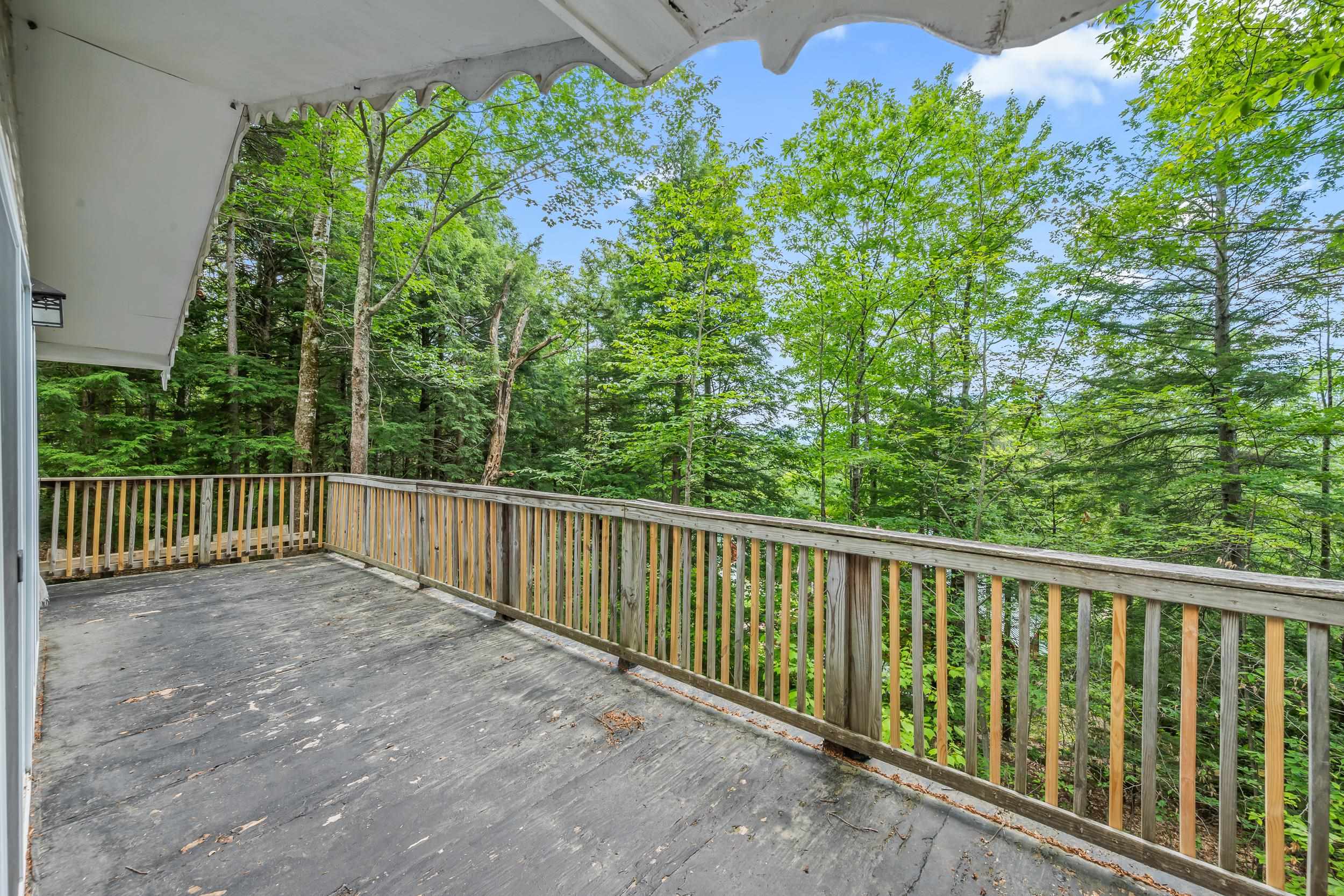 Wooden deck overlooking dense woodland, with a covered section and weathered boards.