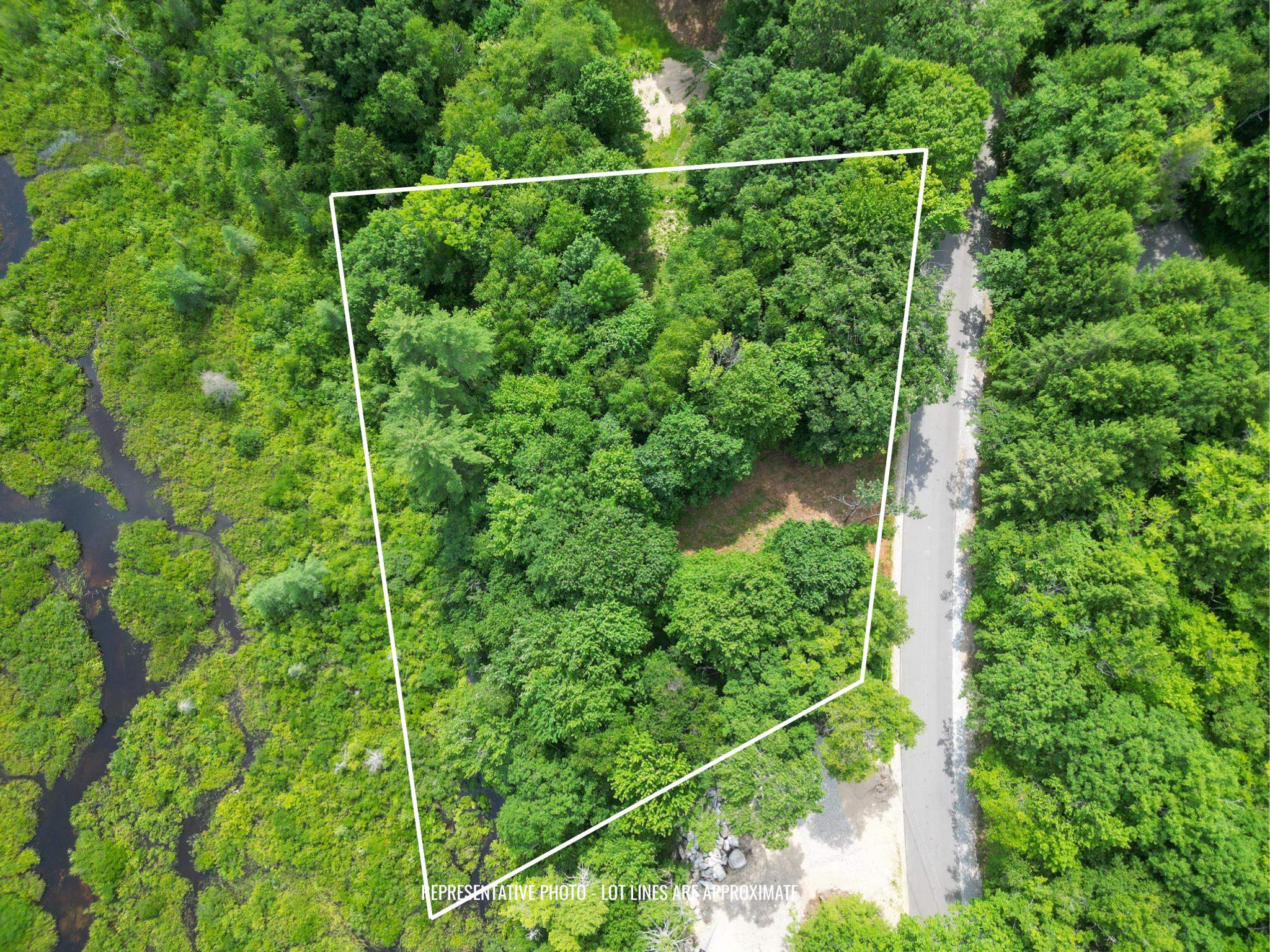 Aerial view of a wooded lot outlined beside a road, with a stream or wetland nearby.
