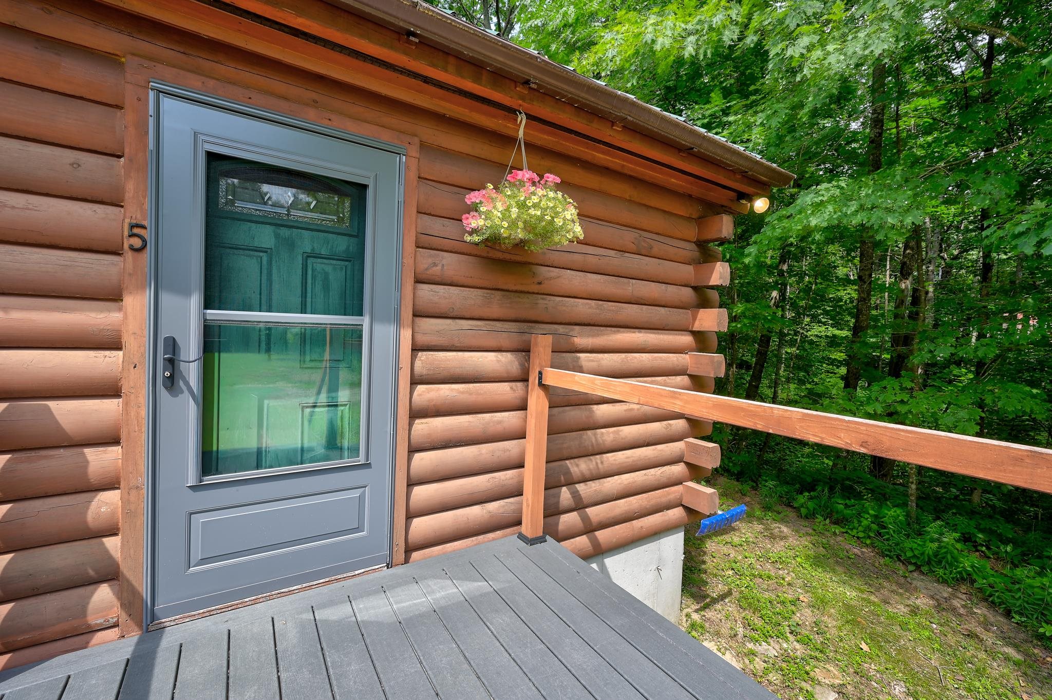 Log home entrance with gray glass-panel door, deck railing, and hanging flowers in a wooded setting.