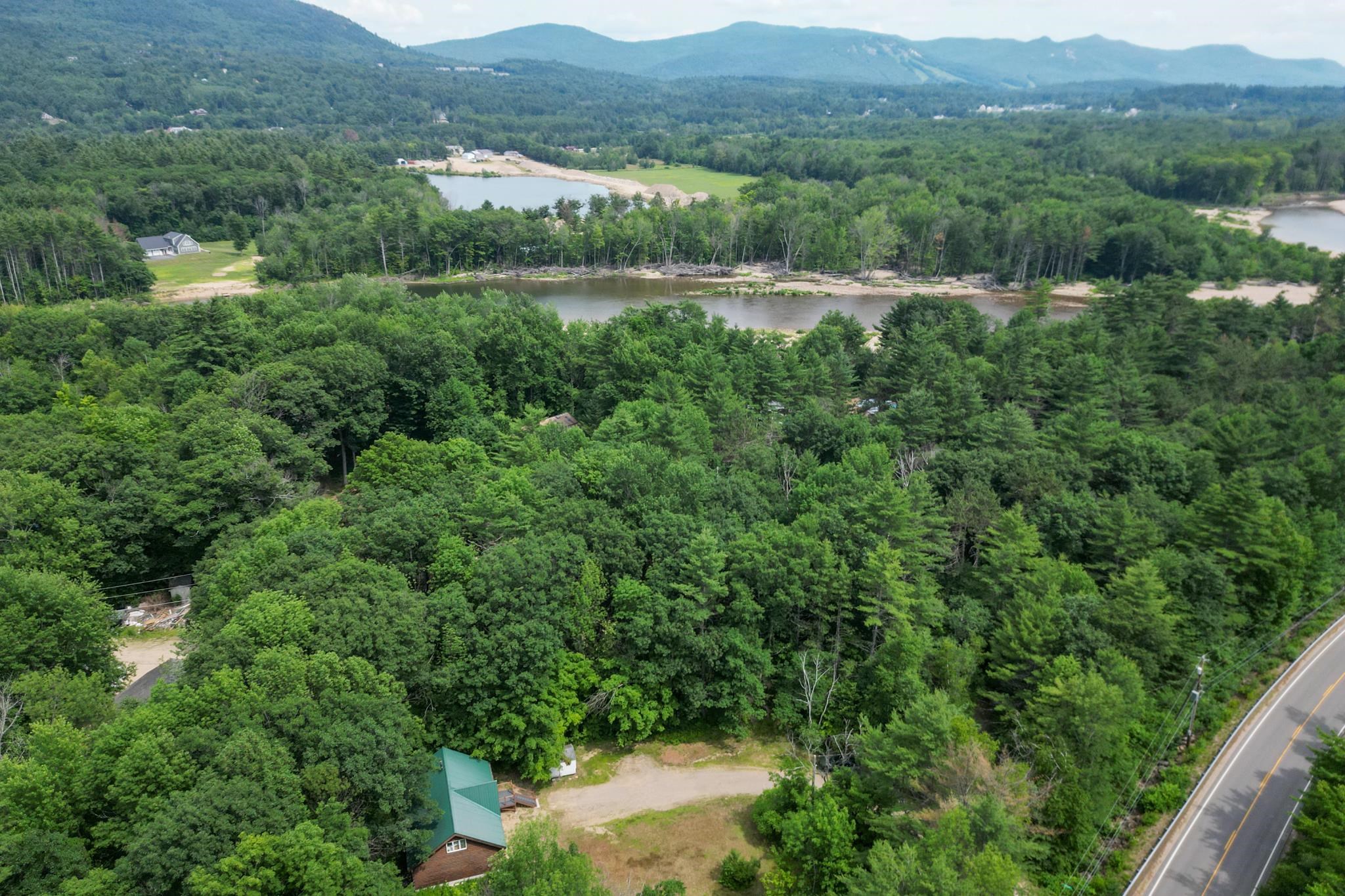 Aerial view of wooded property, with a green-roof cabin, water, and forested mountains.