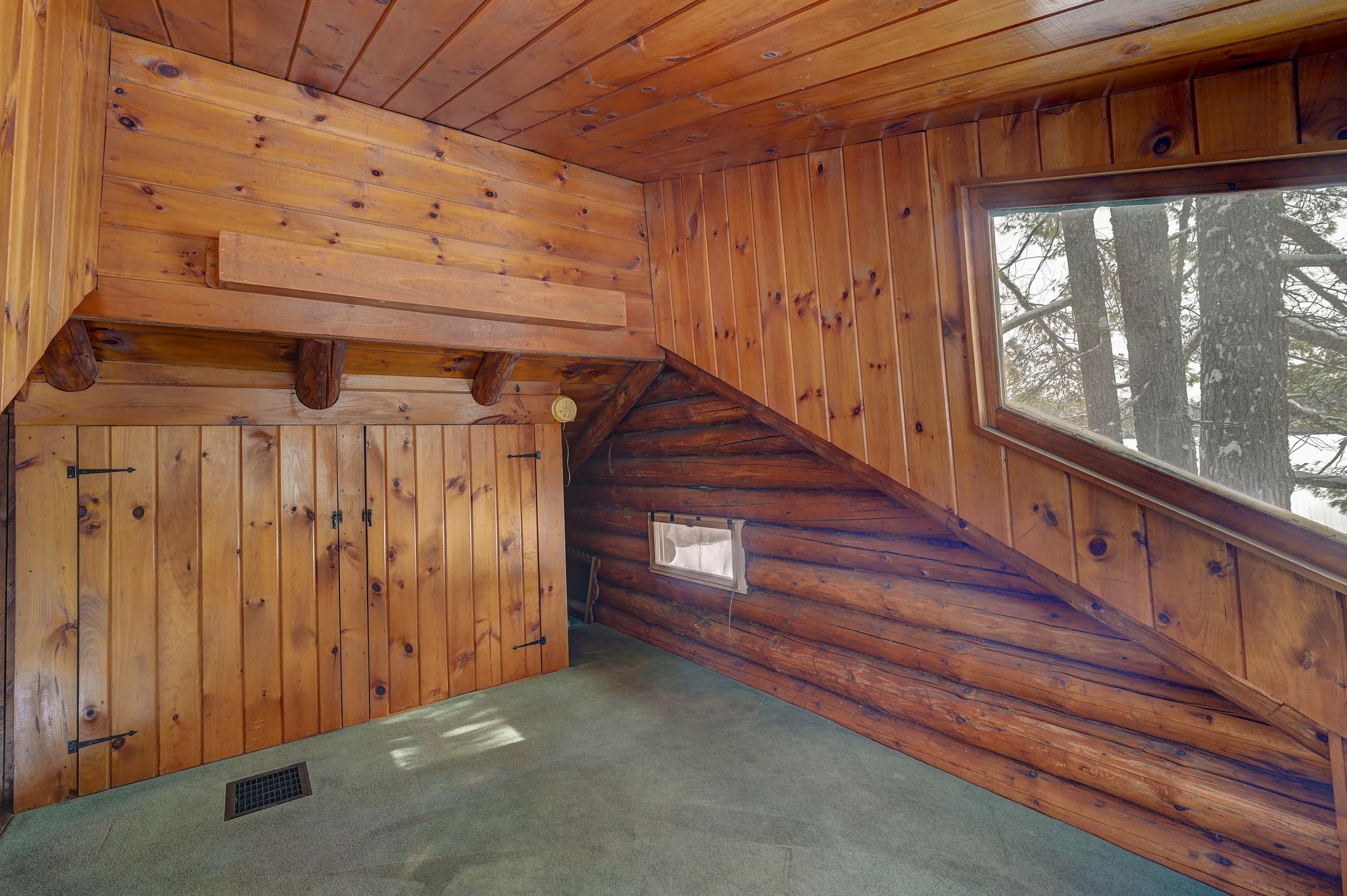 Wood-paneled room with sloped ceiling, built-in cabinets, green carpet, and a window facing snowy trees.