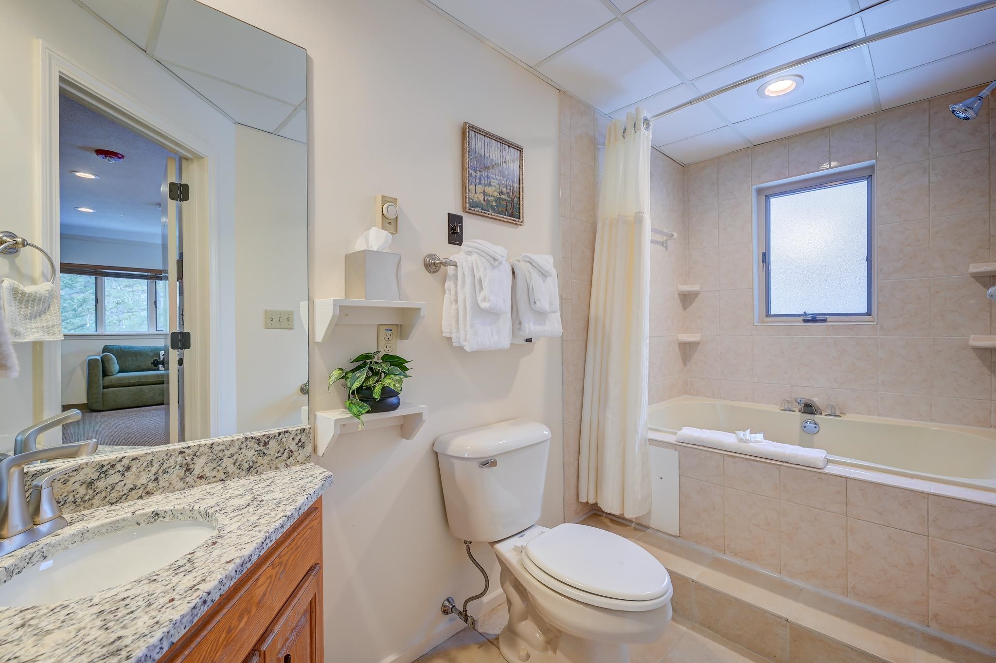 Bathroom with granite vanity, tiled tub and shower, and an open doorway to a sitting area.