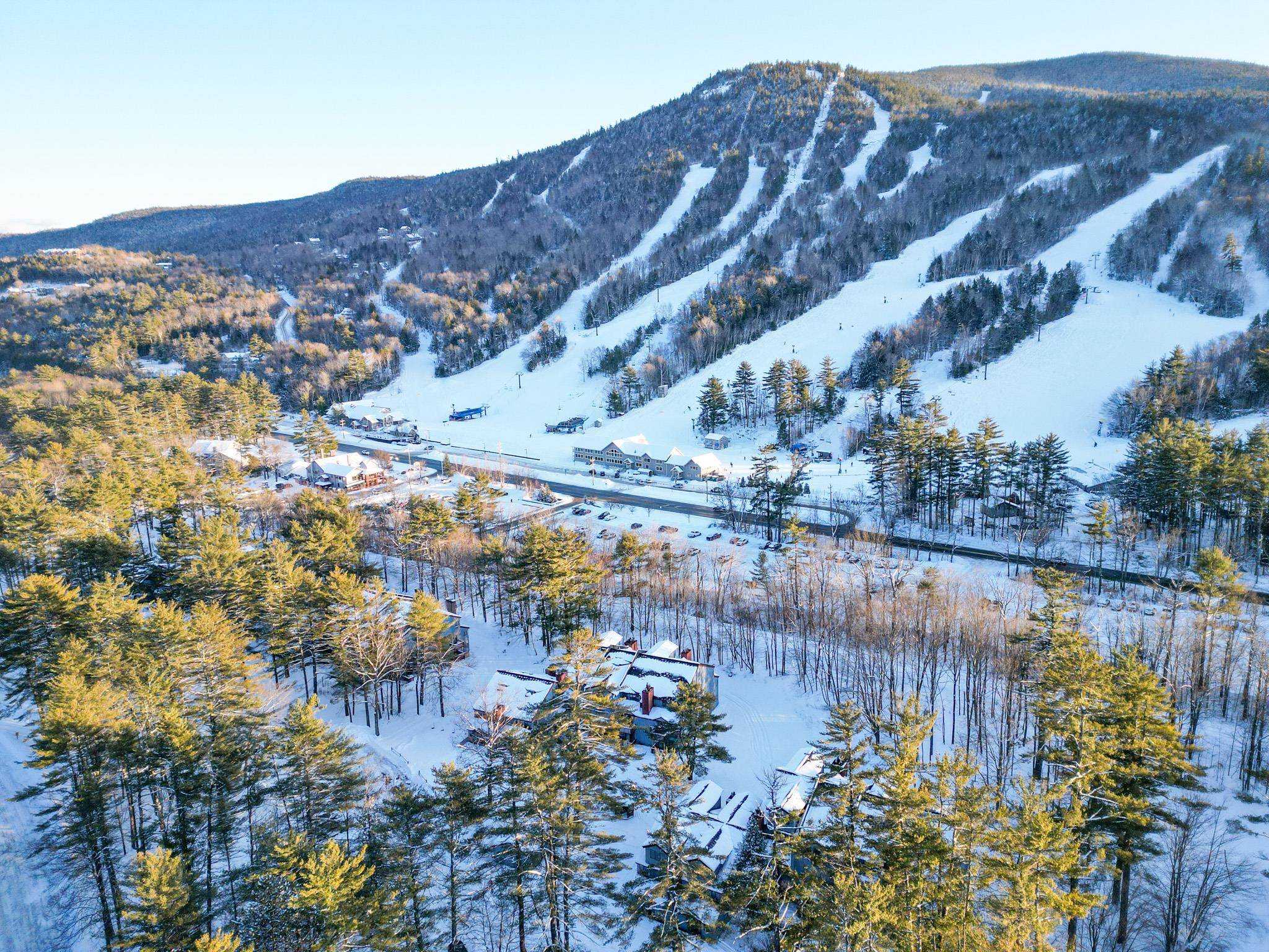 Aerial view of snowy mountain ski slopes, resort buildings, and wooded homes.