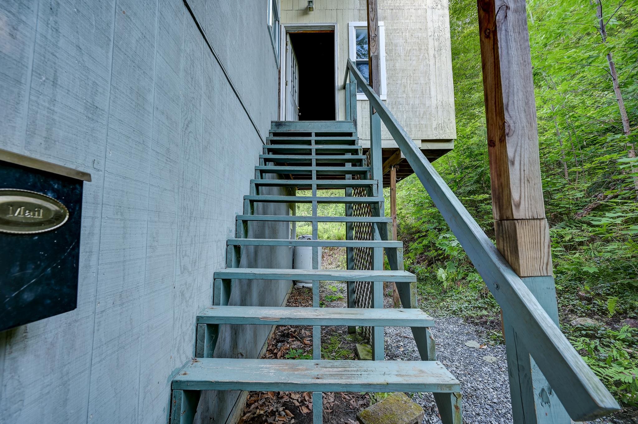 Wooden stairs climb to an open doorway on a raised home surrounded by dense woodland.