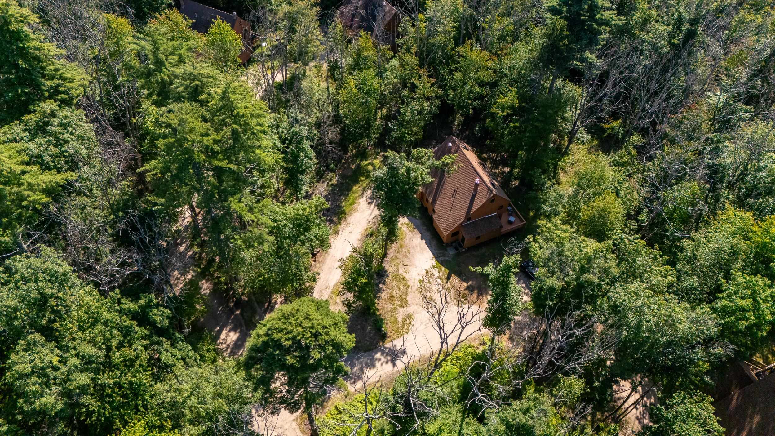 Aerial view of a brown-roofed building amid dense trees, beside a winding gravel driveway.
