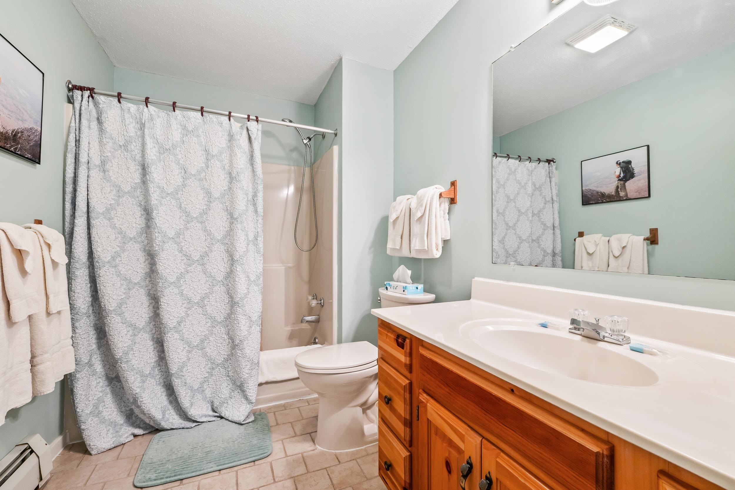 Bathroom with a patterned shower curtain, white fixtures, and a long wood vanity beneath a large mirror.