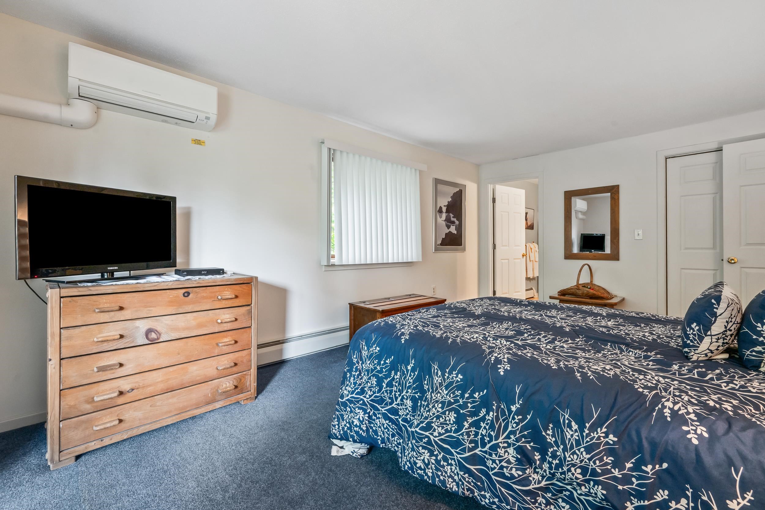 Bedroom with a navy branch-patterned bedspread, wooden dresser, and television.