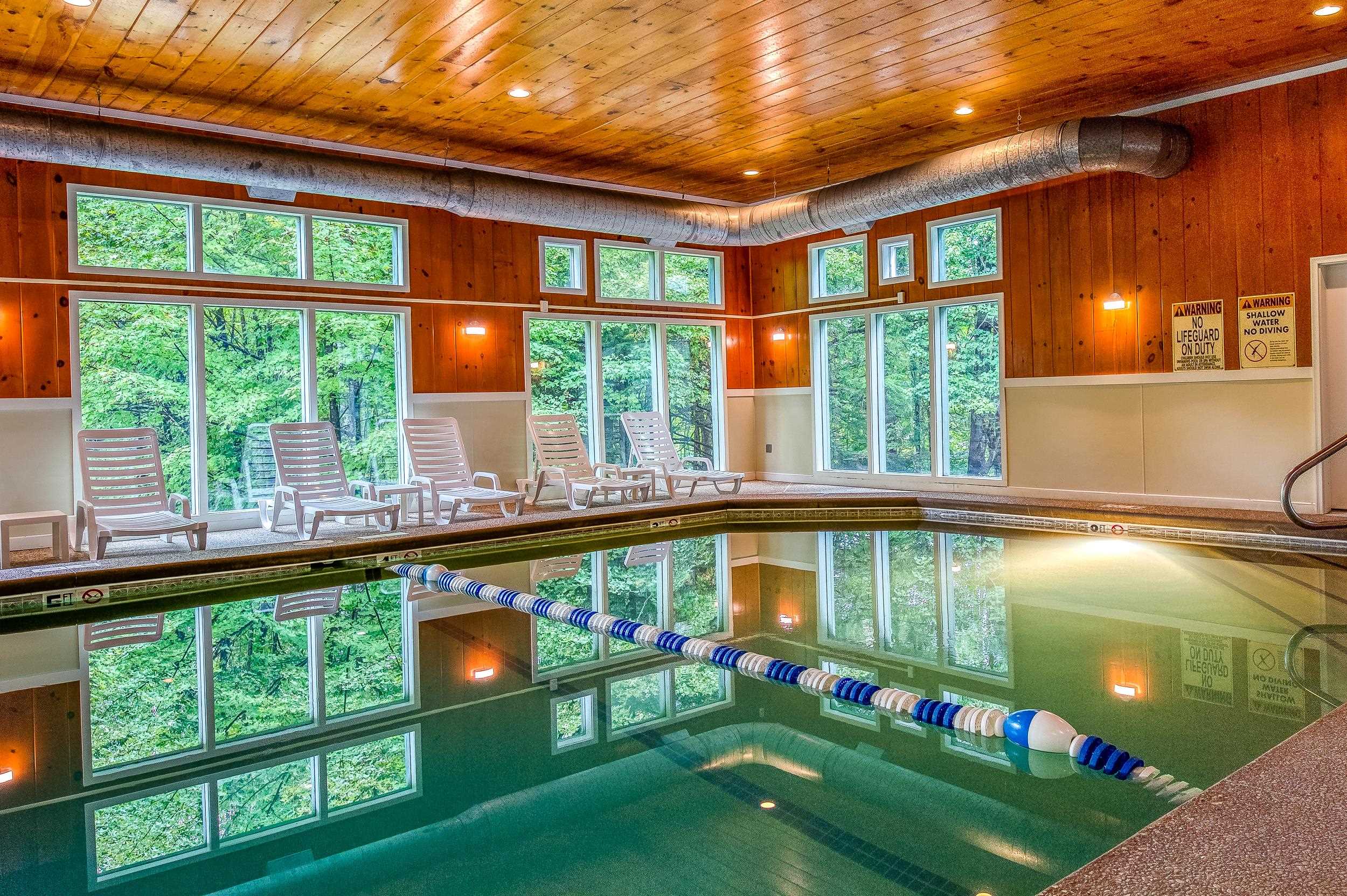 Indoor pool with a blue-and-white lane divider, lounge chairs, and tall windows facing trees.