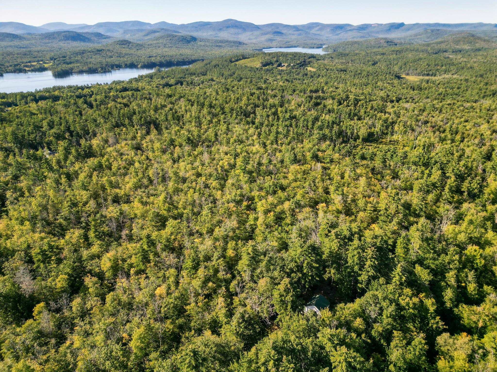 Aerial view of wooded land with lakes and mountain ridges in the distance.