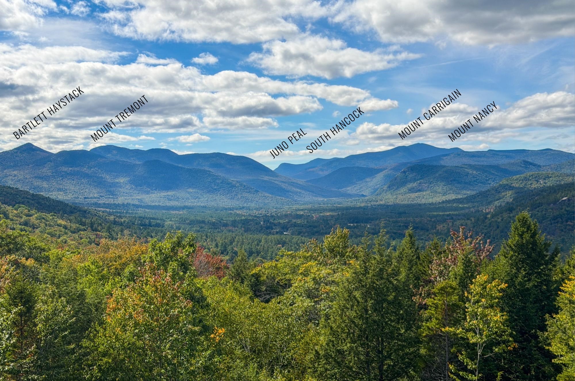 Panoramic view of forested mountains, with six peaks labeled across the skyline.