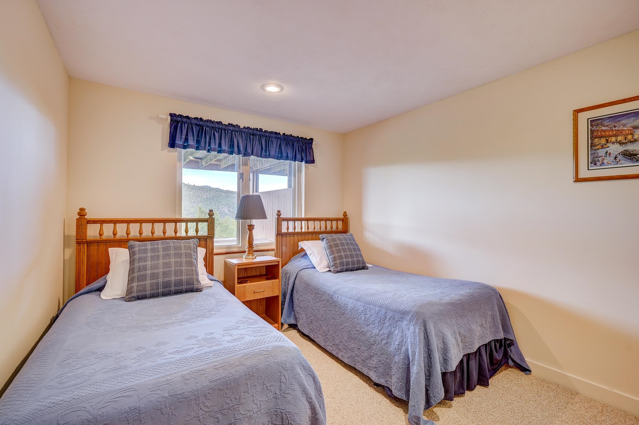 Twin bedroom with blue-gray quilts, wooden headboards, and a mountain view through the window.