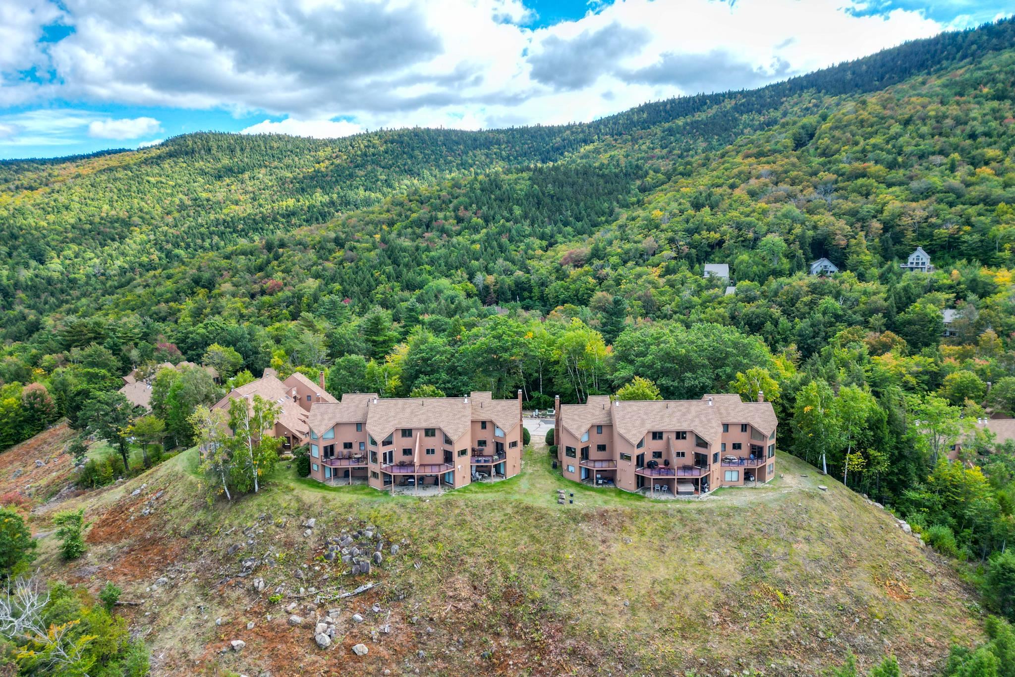 Two condominium buildings on a hillside, with forested mountain slopes behind them.