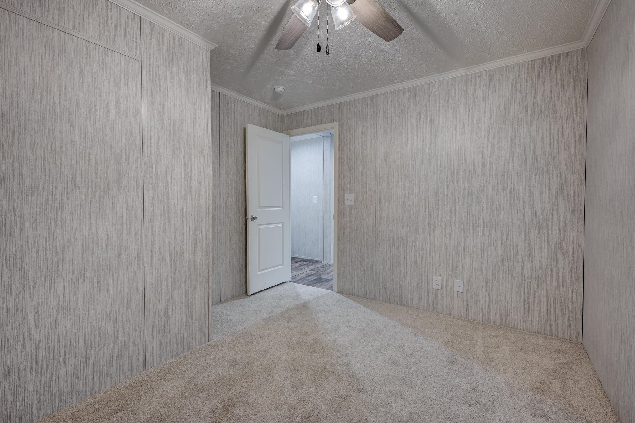 Empty bedroom with beige carpet, textured gray walls, and a ceiling fan.