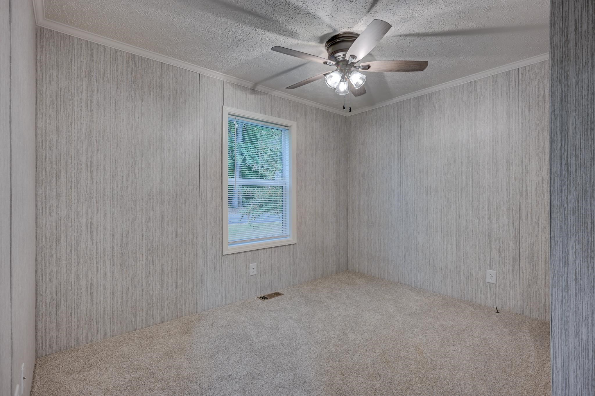 Empty bedroom with gray textured walls, beige carpet, a window with blinds, and a ceiling fan.