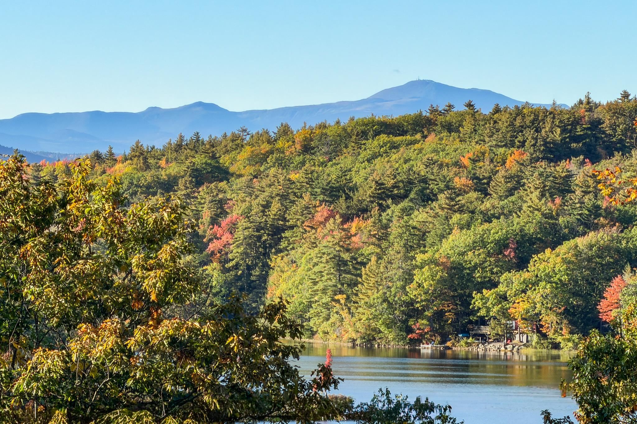 Lake and autumn forest with a mountain range in the distance.