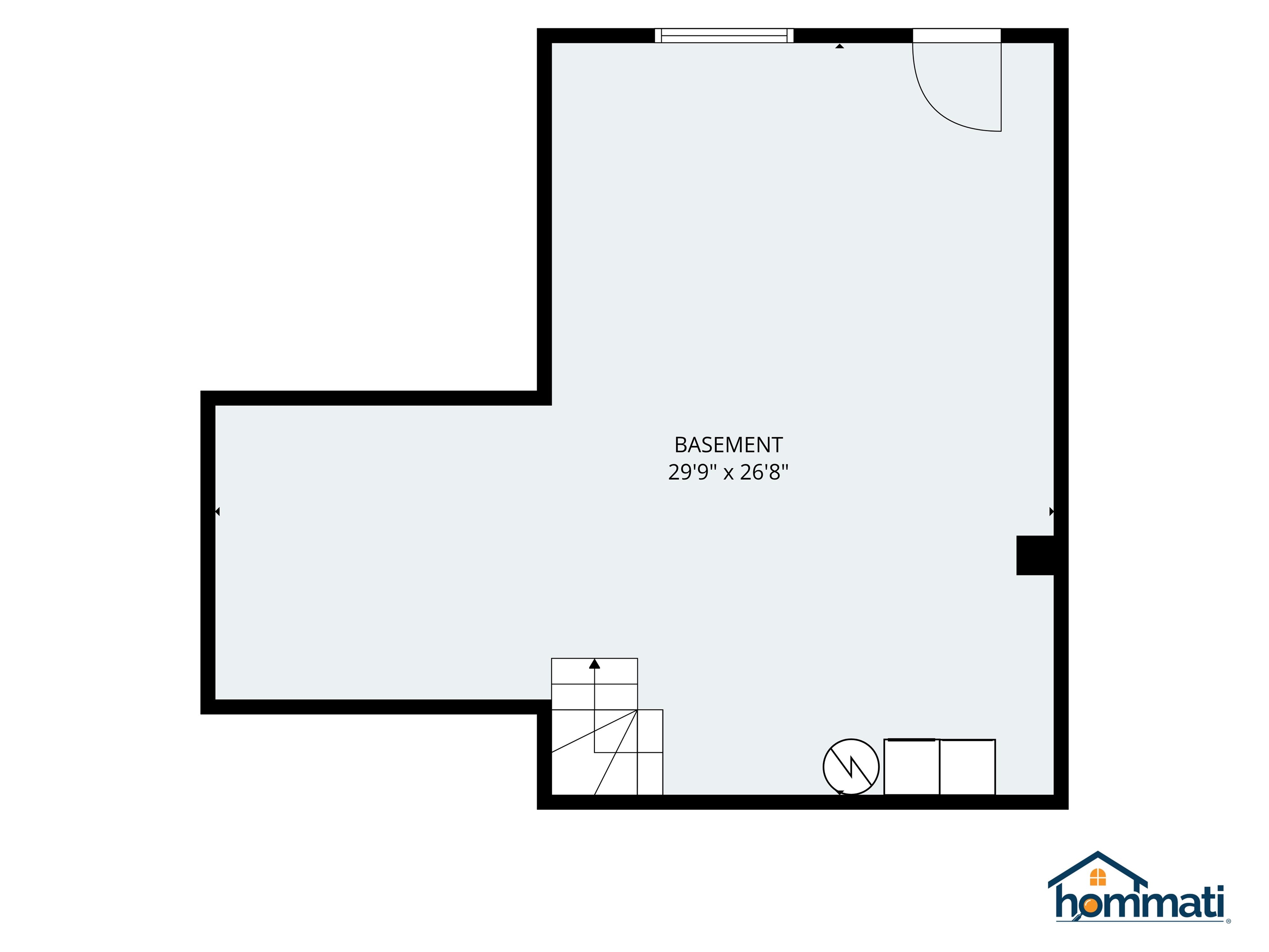 Basement floor plan with an L-shaped outline, stairs, and dimensions of 29 feet 9 inches by 26 feet 8 inches.