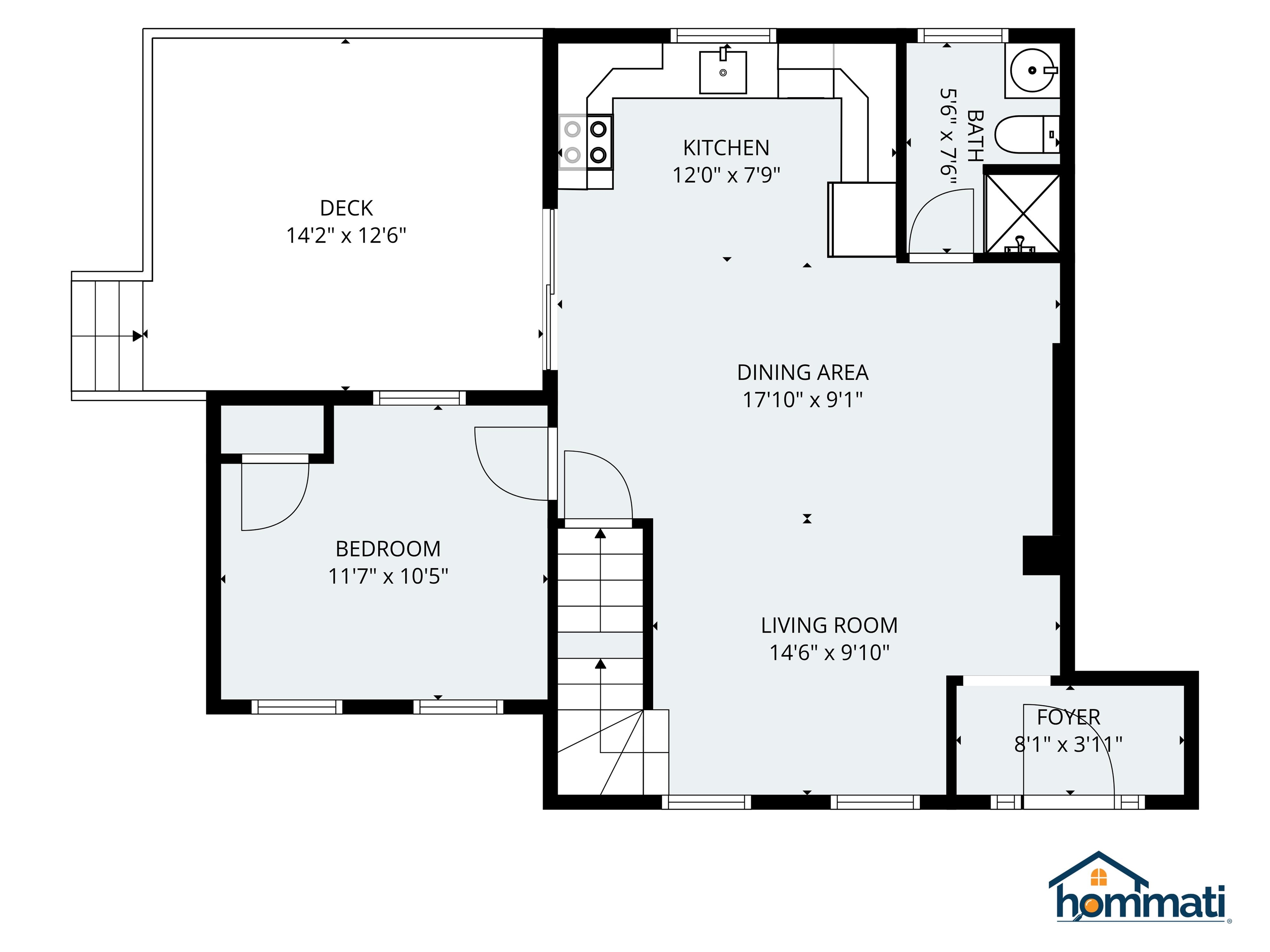 Floor plan showing one bedroom, kitchen, bath, dining and living areas, foyer, and a large deck.