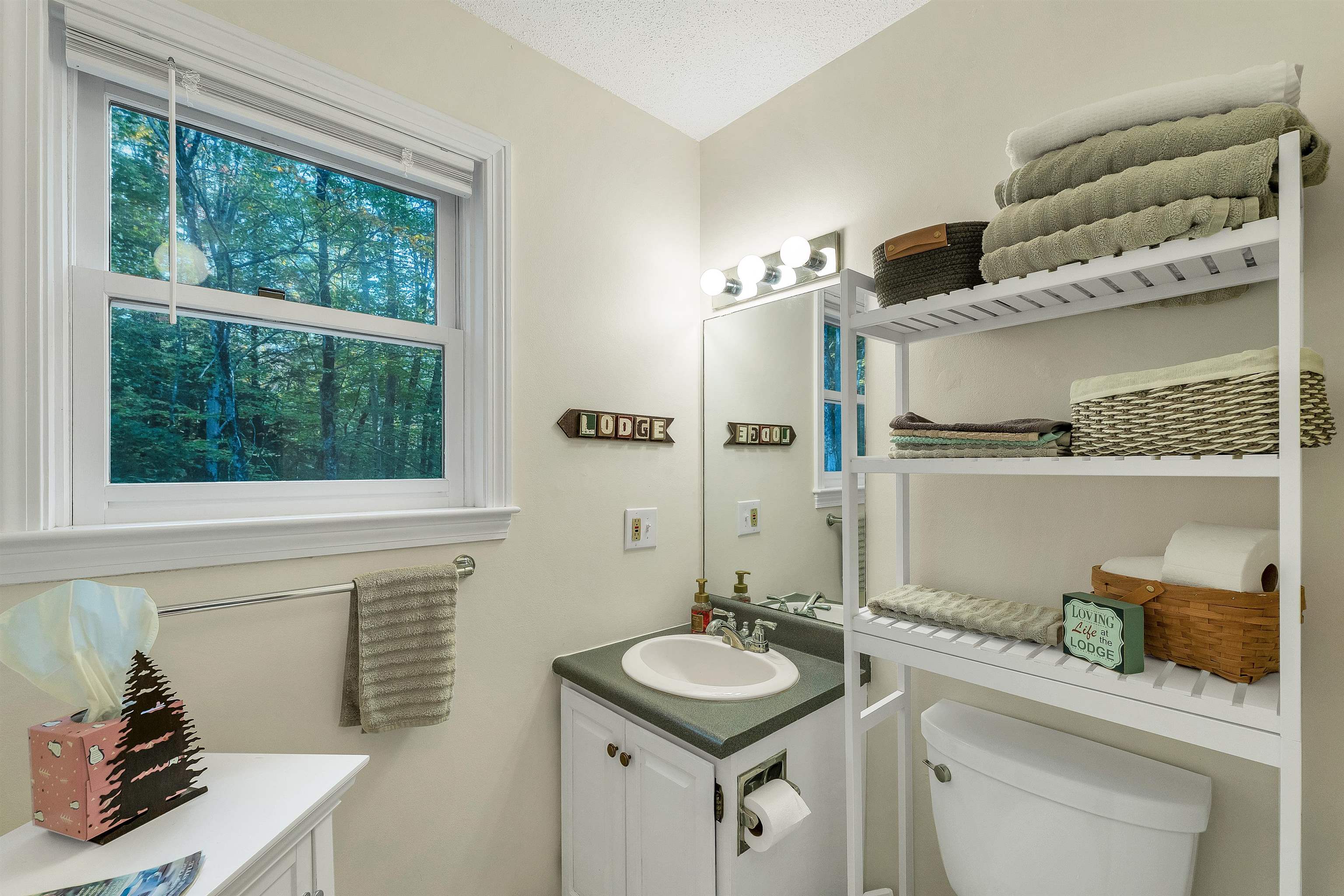 Bathroom with a green-countertop vanity, window overlooking trees, and open shelves of towels.