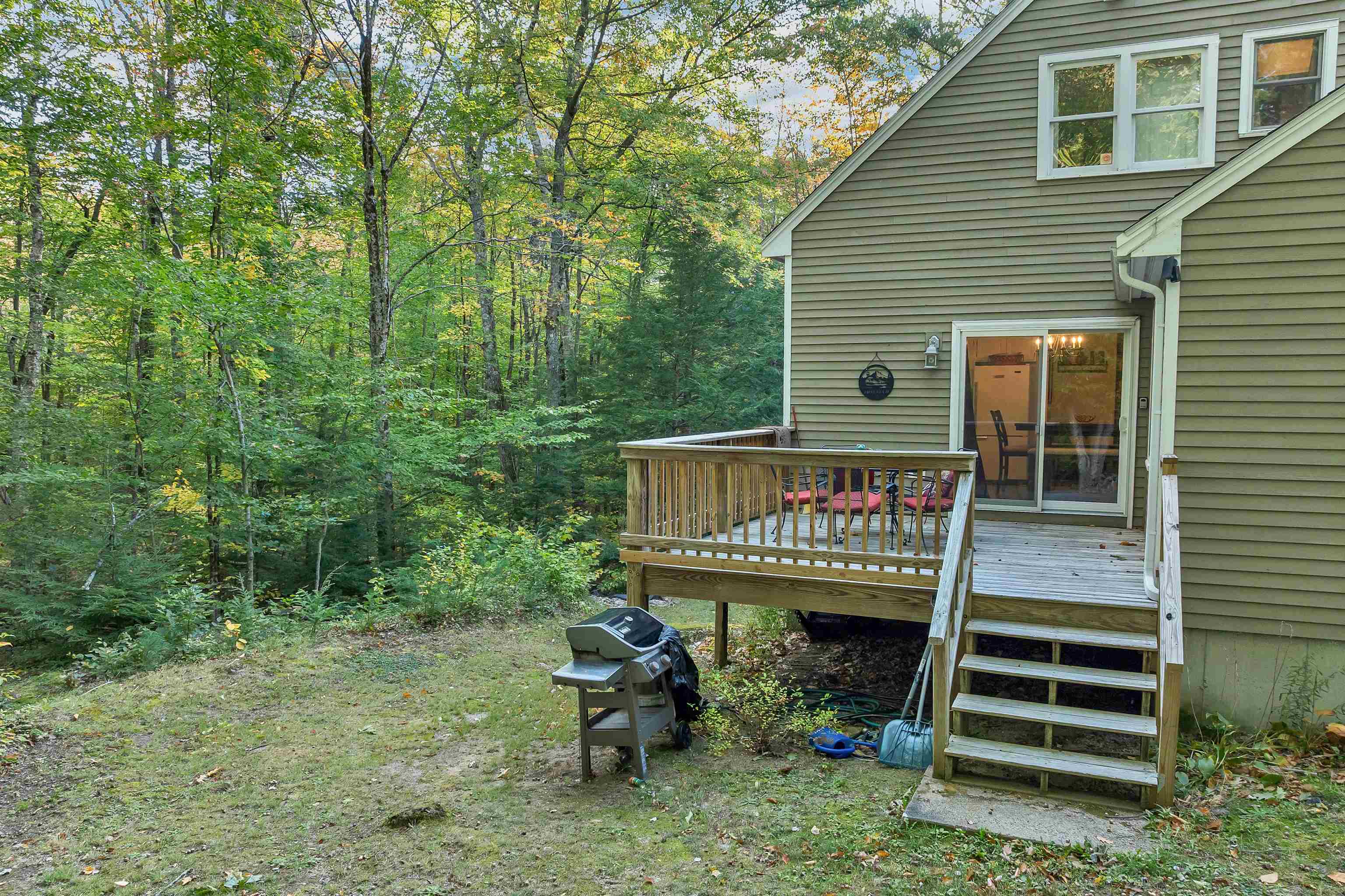 House rear deck with outdoor chairs and grill beside dense woods.