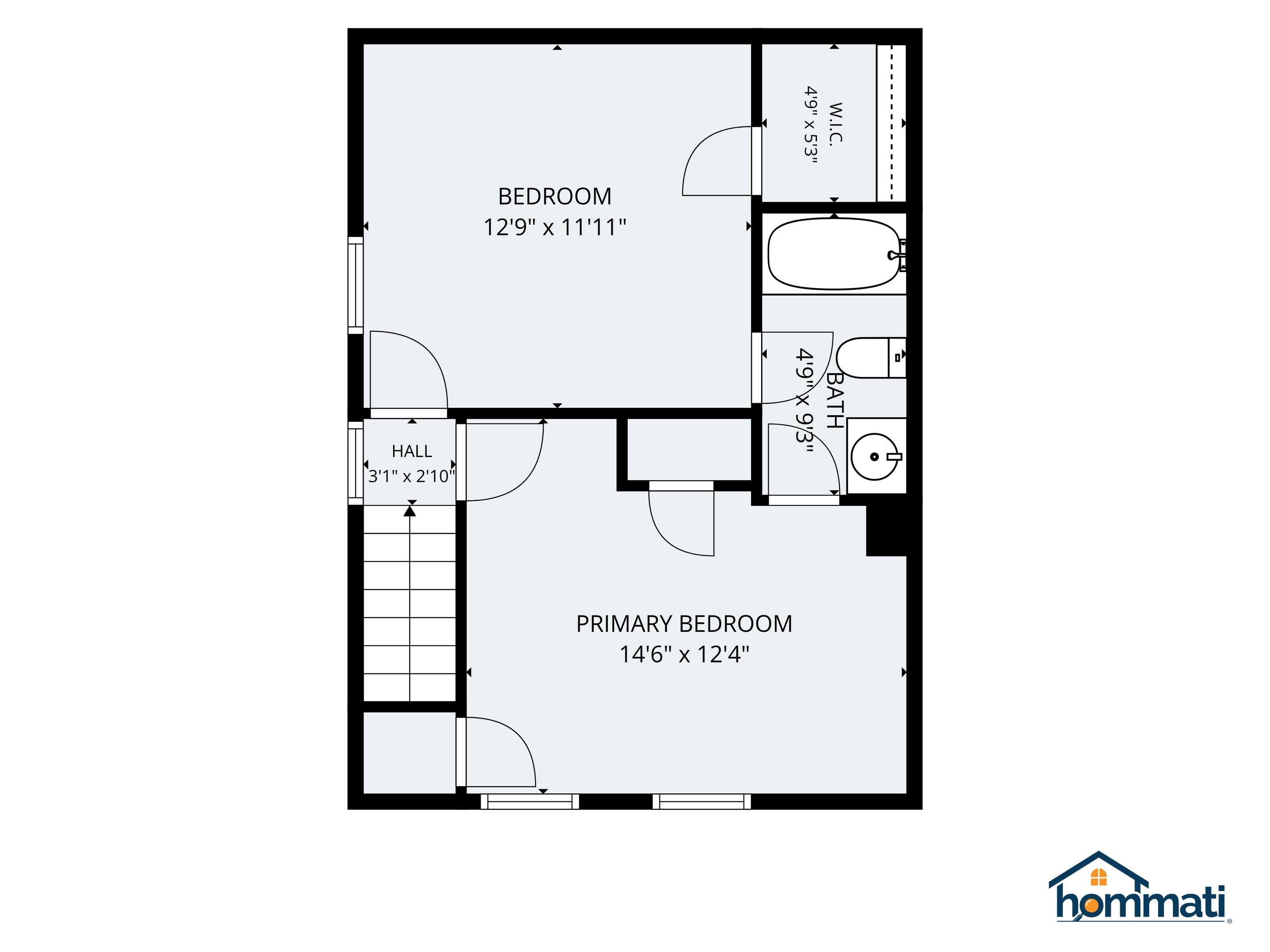 Upper-level floor plan with two bedrooms, a bathroom, walk-in closet, hall, and stairs.