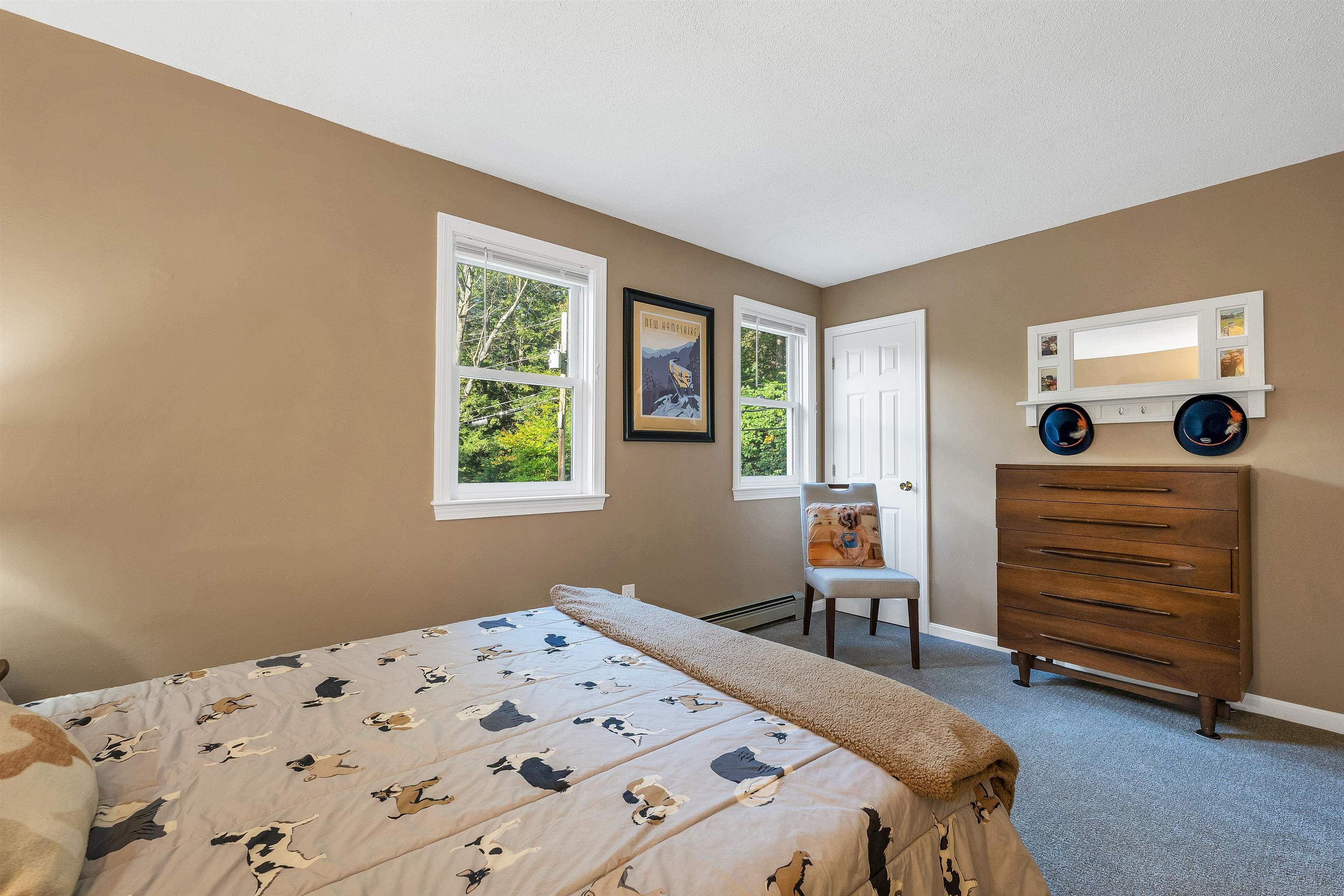 Bedroom with dog-print bedding, two windows, and a wooden dresser.