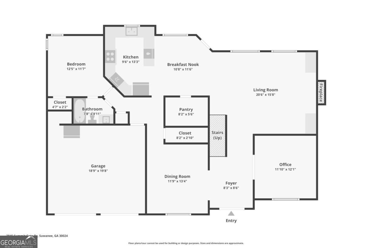 First-floor plan with a bedroom, kitchen, living and dining rooms, office, garage, and labeled room dimensions.
