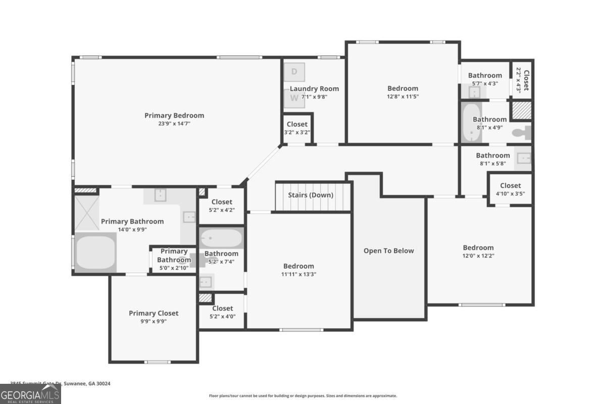 Second-floor floor plan with a primary suite, three bedrooms, several bathrooms, and an open-to-below area.