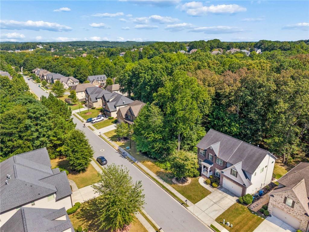 Aerial view of homes along a quiet neighborhood street beside dense woodland.