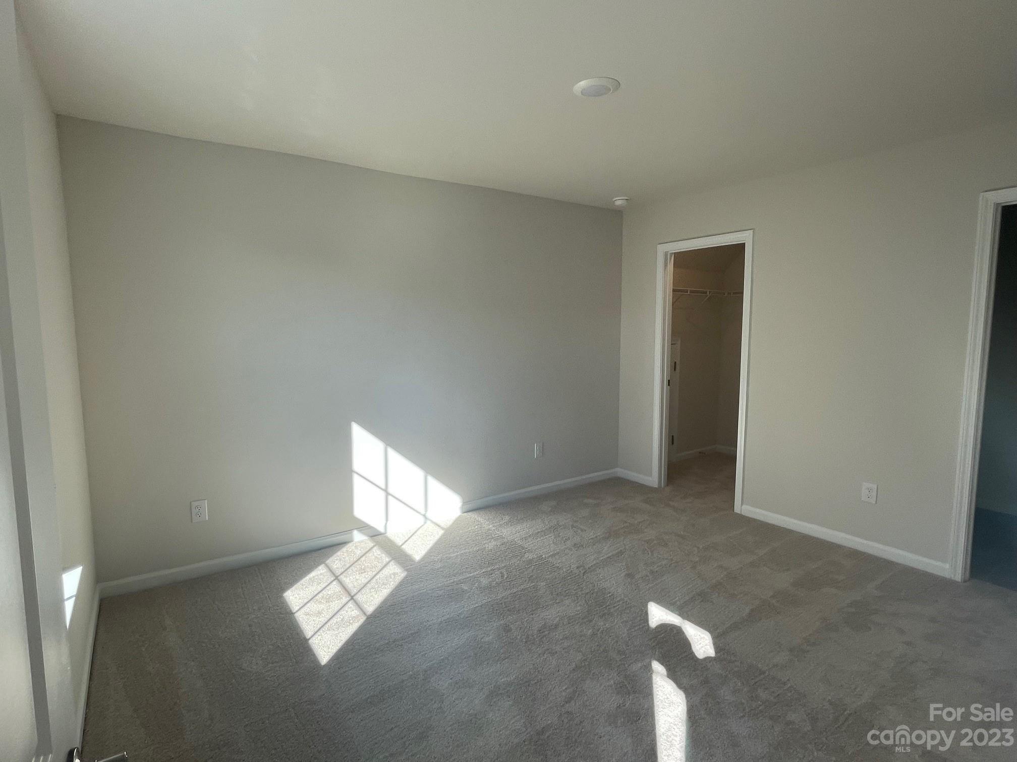 Empty carpeted bedroom with an open closet and sunlight falling across the floor.