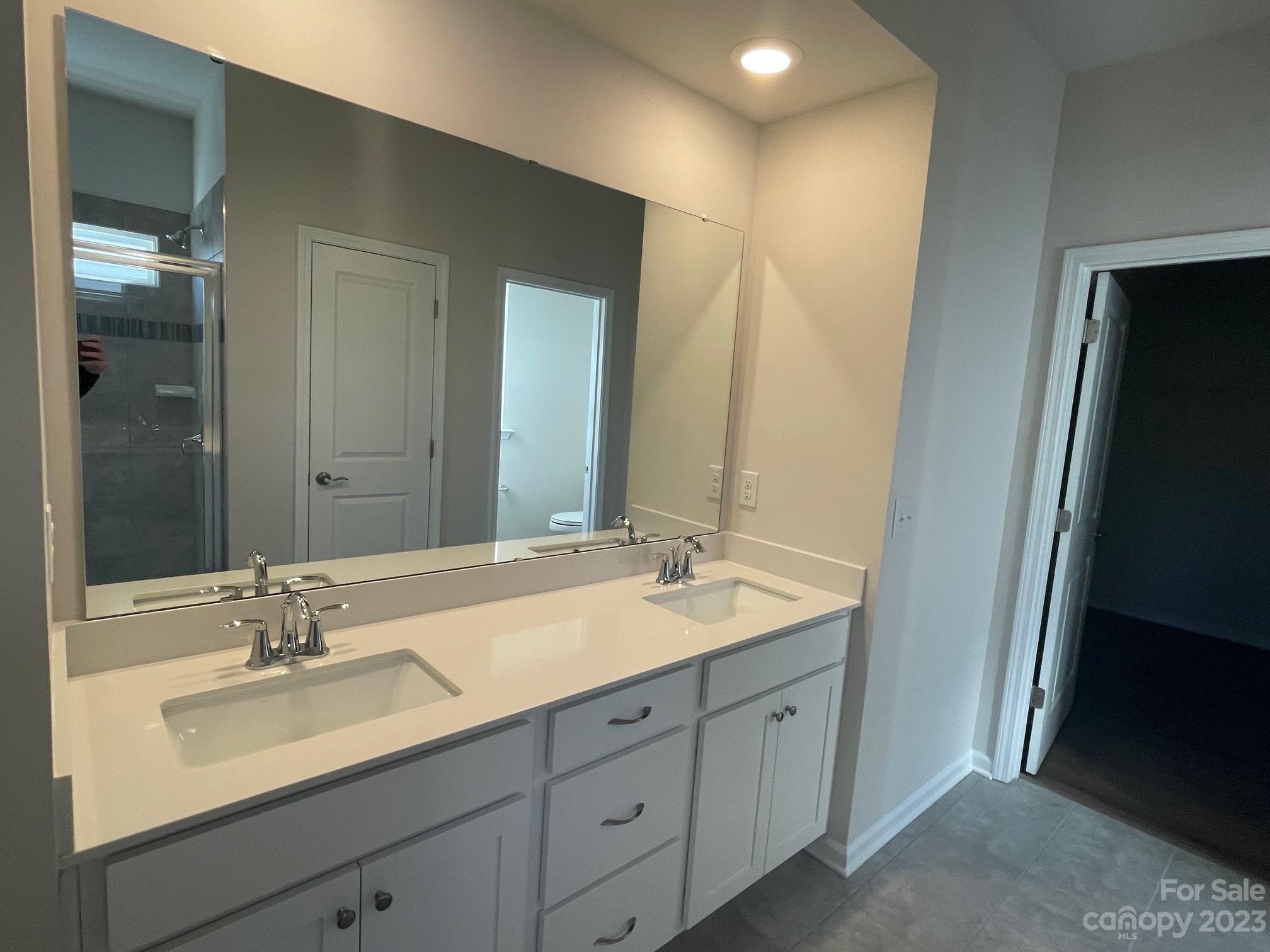 Bathroom with a double-sink vanity, gray cabinets, and a large mirror reflecting a glass shower.