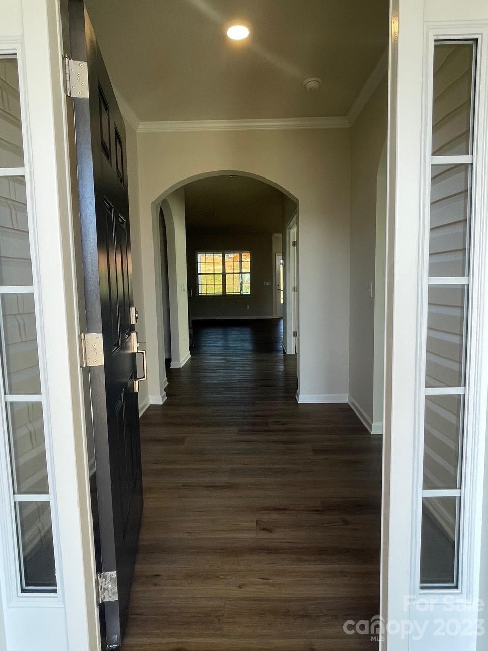Empty entry hall with dark wood-look floors and an arched doorway toward a windowed room.