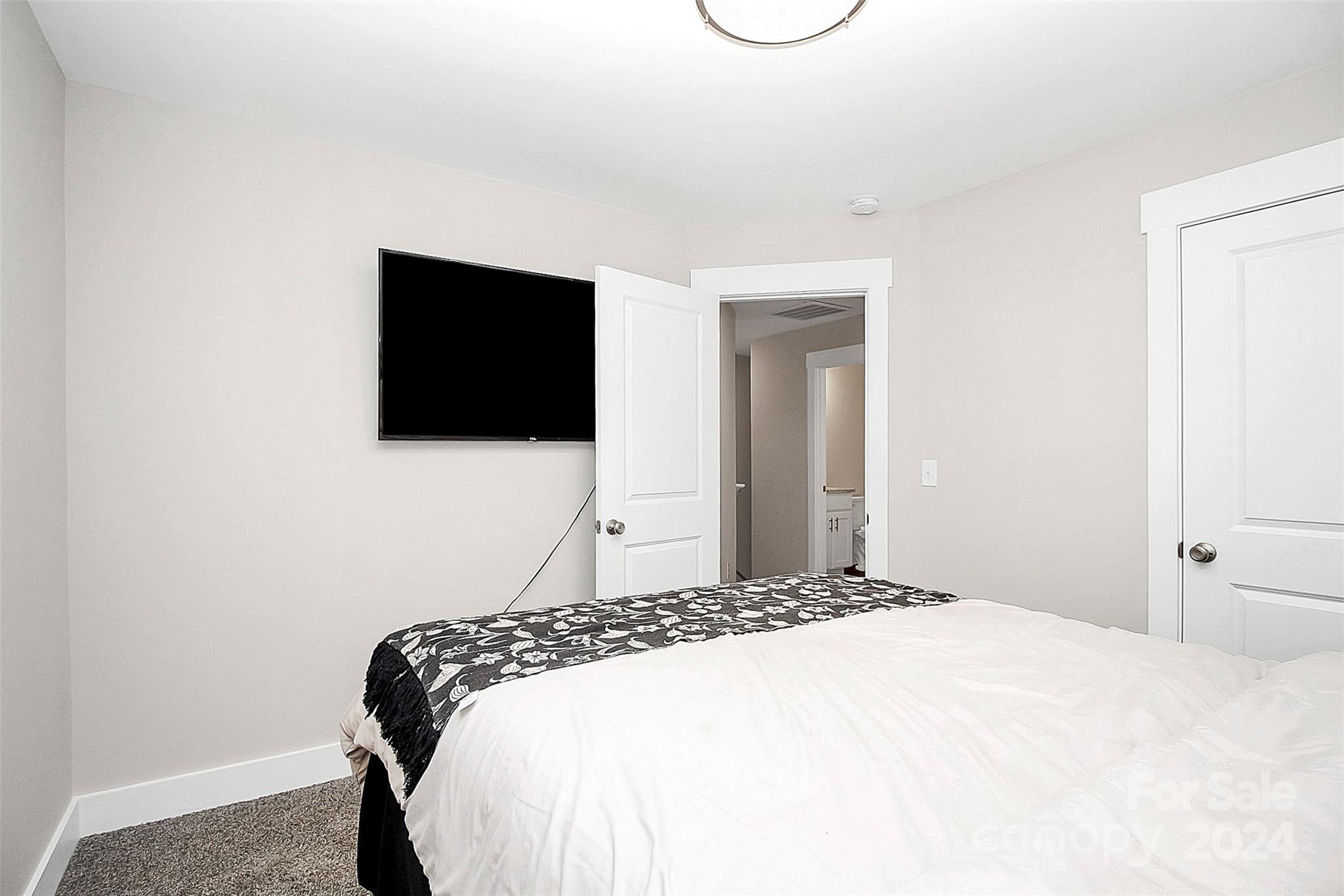 Bedroom with a large bed, patterned throw, wall-mounted television, and carpeted floor.