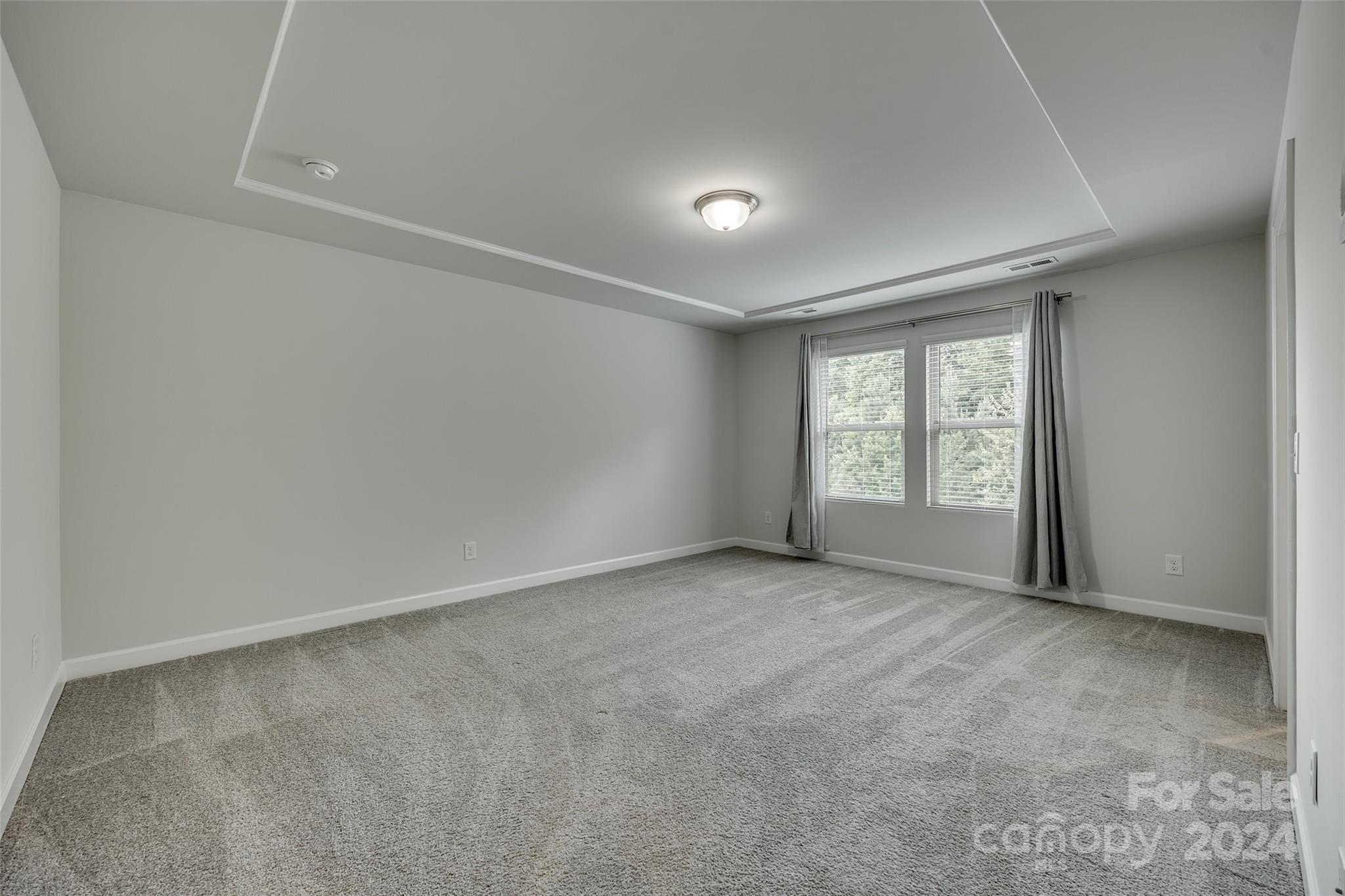 Vacant carpeted room with a tray ceiling and two curtained windows.