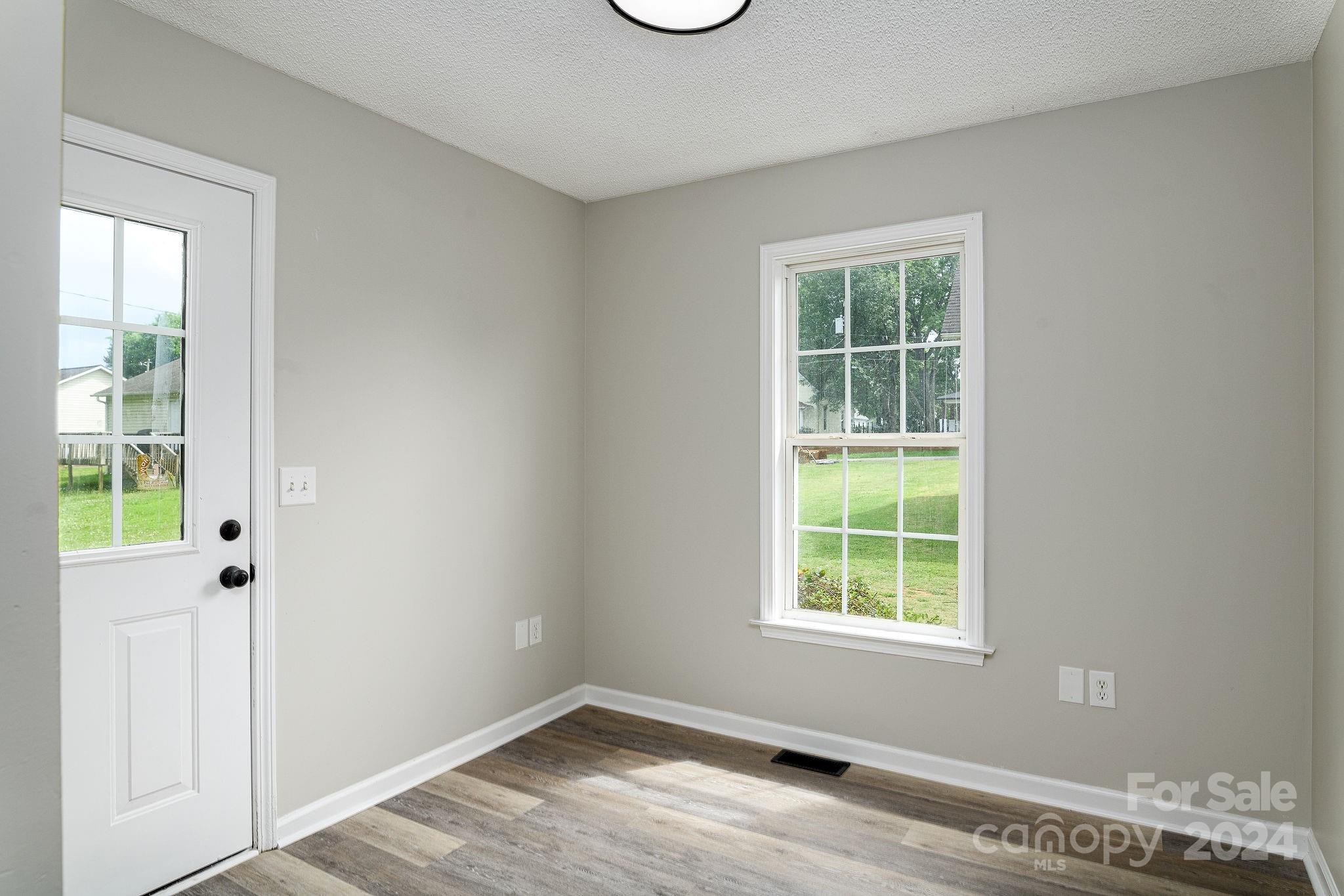 Empty entry room with a glazed exterior door, a lawn-facing window, and gray-brown plank flooring.