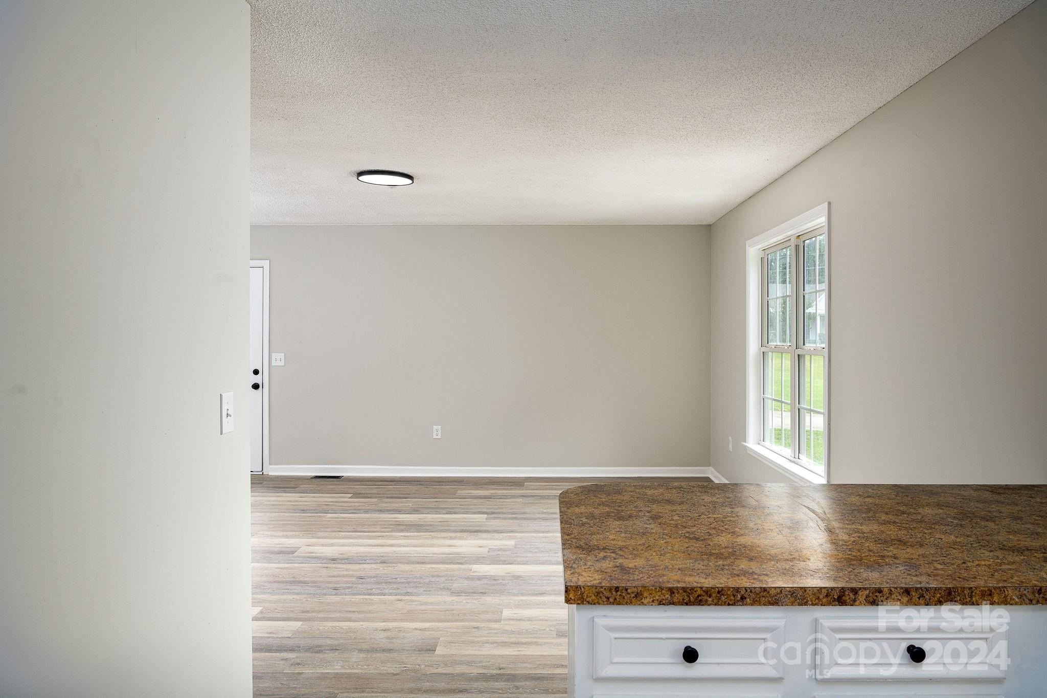 Empty room with gray walls and wood-look flooring, viewed past a brown kitchen counter toward a large window.