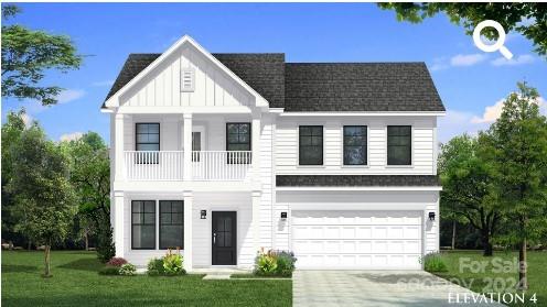 Two-story white house with a covered balcony, dark gabled roof, and attached double garage.