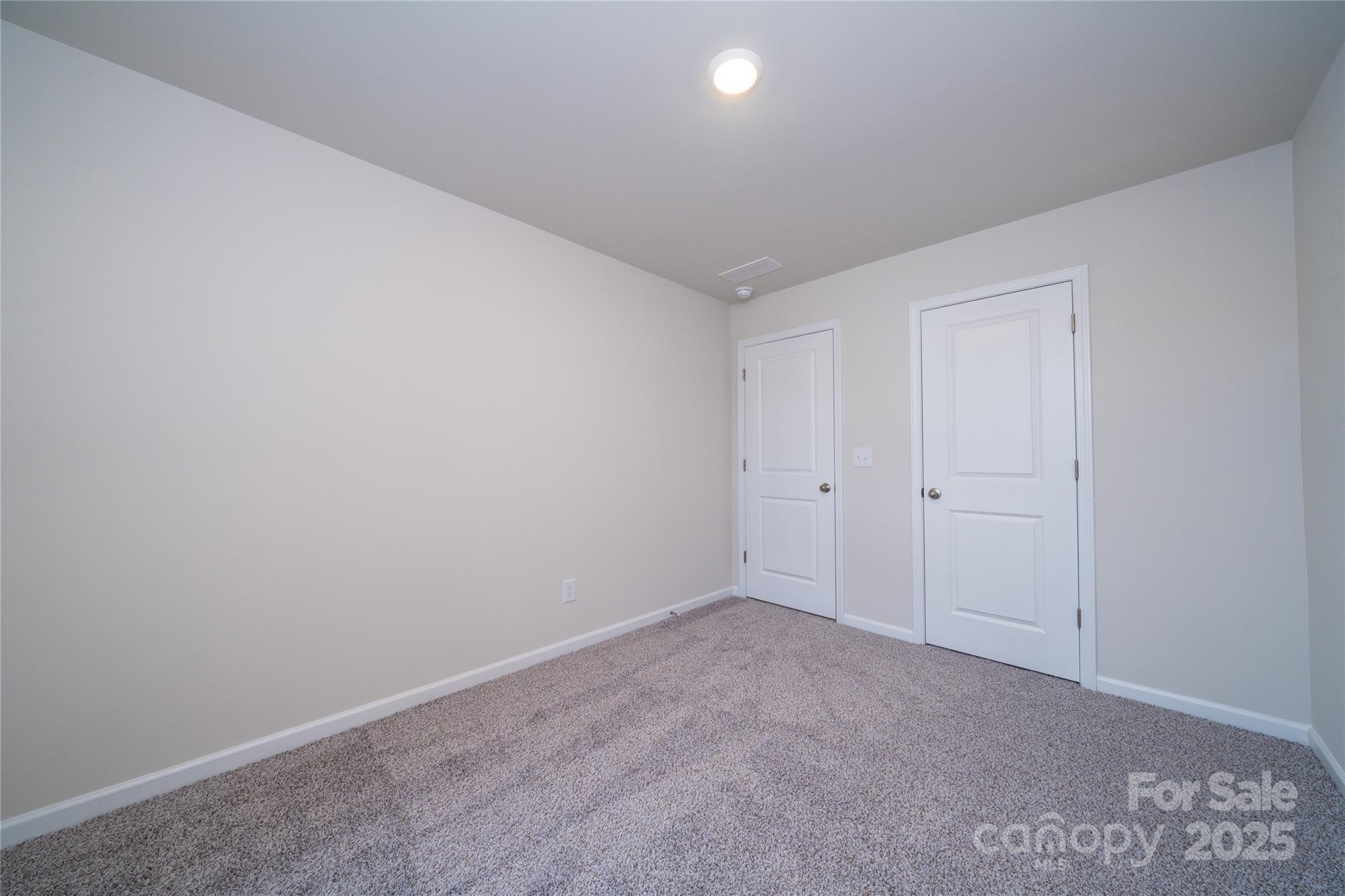 Empty carpeted bedroom with neutral walls and two white paneled doors.