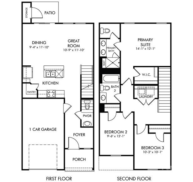 Two-story floor plan with a one-car garage, open living areas, primary suite, and two additional bedrooms.