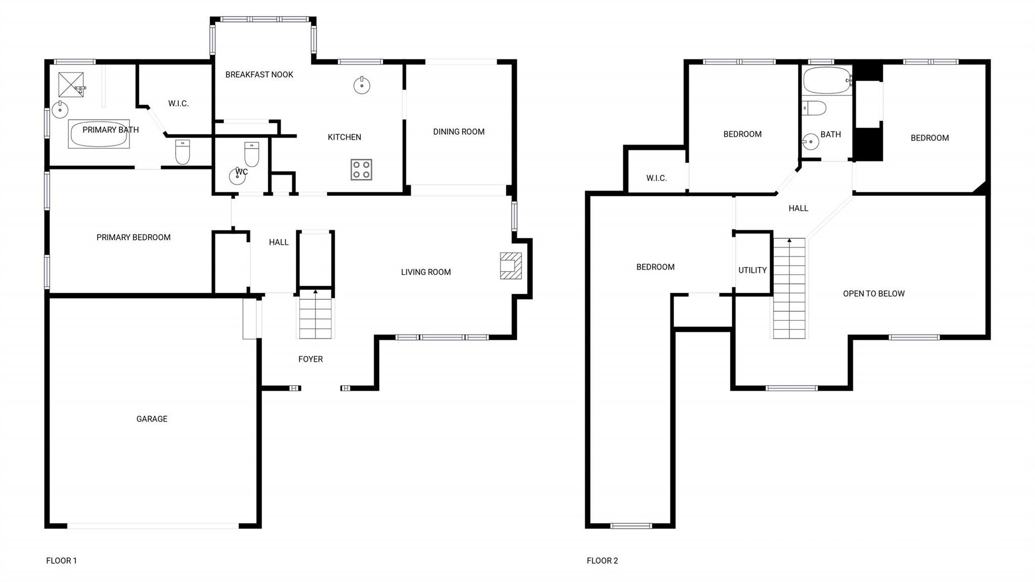 Two-floor house plan with labeled rooms, a garage, and an open-to-below area.