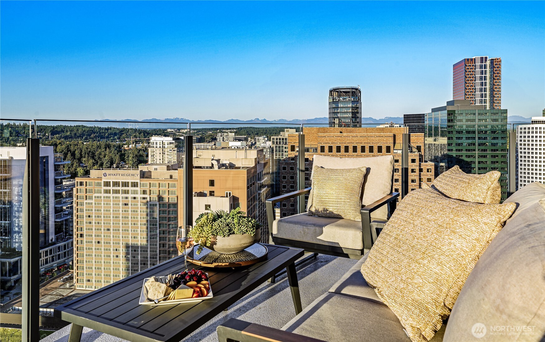 Furnished rooftop terrace with cushioned seating, city skyline, and distant mountain views.