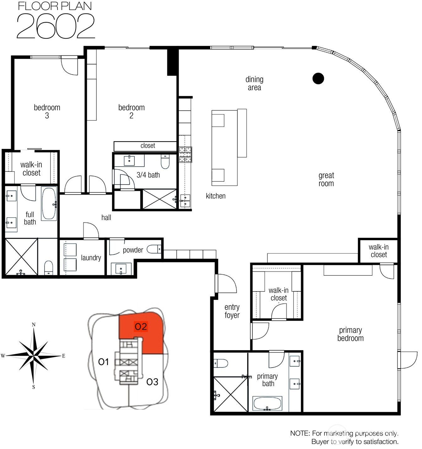 Floor plan for unit 2602, showing three bedrooms, a curved great room, kitchen, and primary suite.